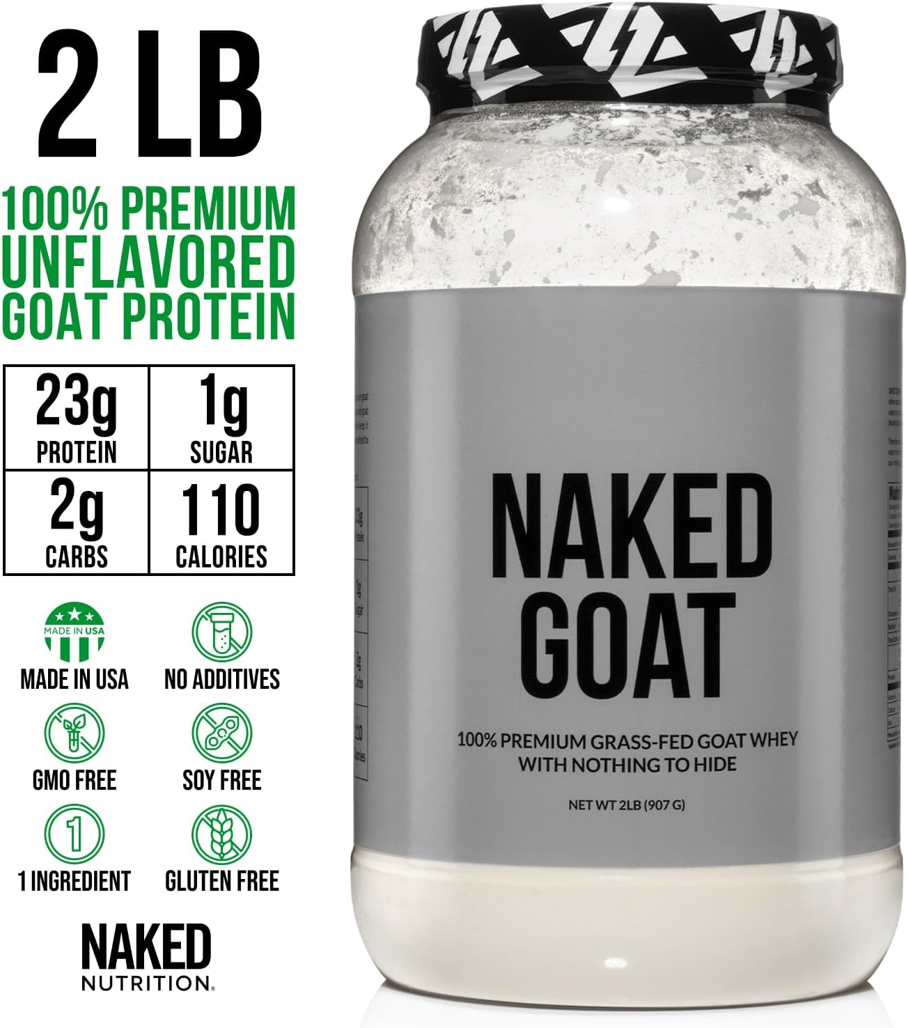 Naked Goat Whey Protein Powder from Wisconsin Dairies - GMO Free, Soy Free, Easy to Digest - 2lb Bulk - 23g Protein - 30 Servings