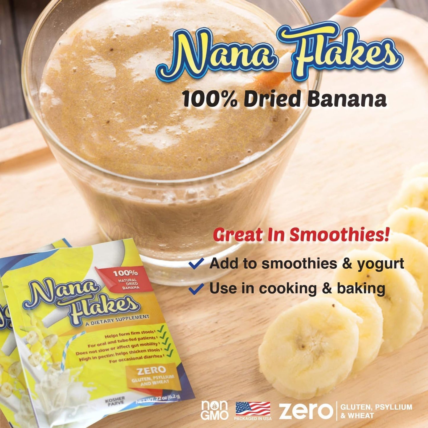 Nana Flakes by Nutritional Designs ND Labs - 100% Pure Banana Flakes Powder, Natural Remedy for Diarrhea & Heartburn, High in Protein & Fiber - 1lb Bag