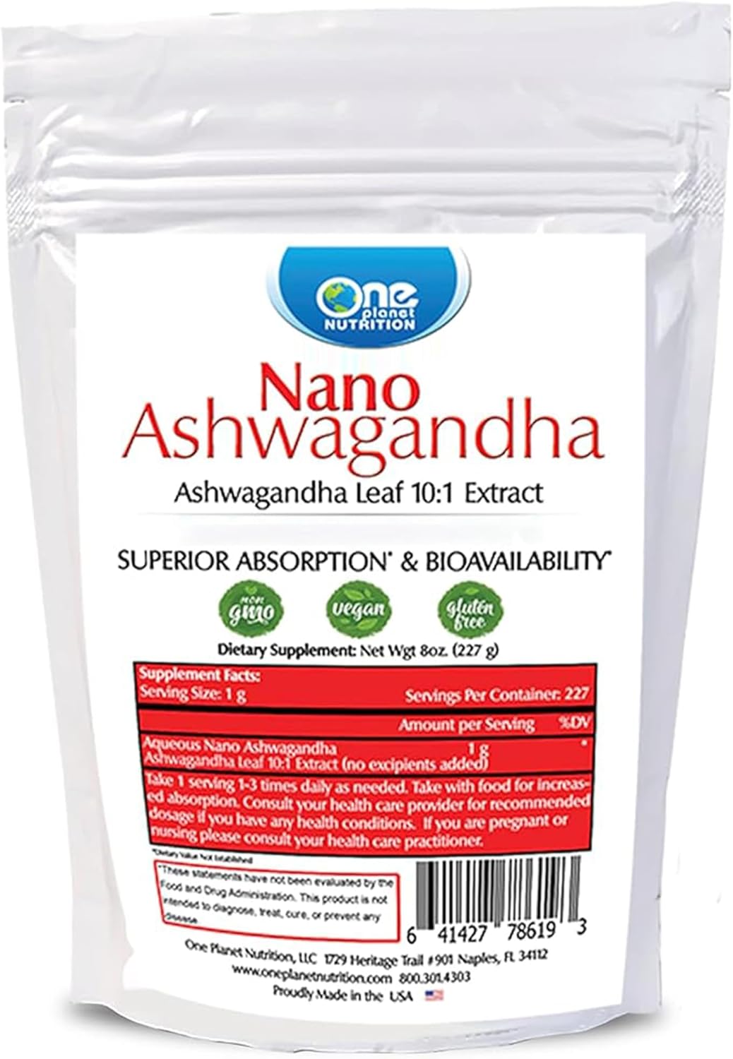 Nano Ashwagandha Leaf 10:1 Extract - Non-GMO Gluten-Free Plant-Based Supplement - 8oz