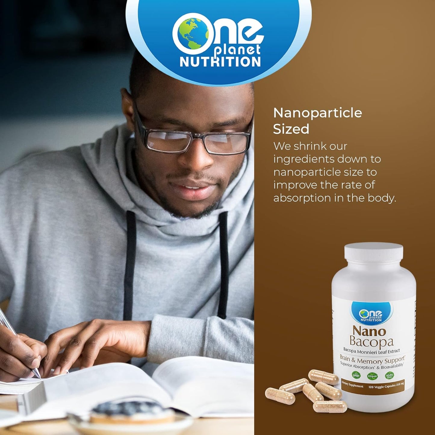 Nano Bacopa Monnieri Extract Capsules - 250mg (120 Servings) | Memory & Focus Support | Easy Absorption | Non-GMO Vegan Gluten-Free