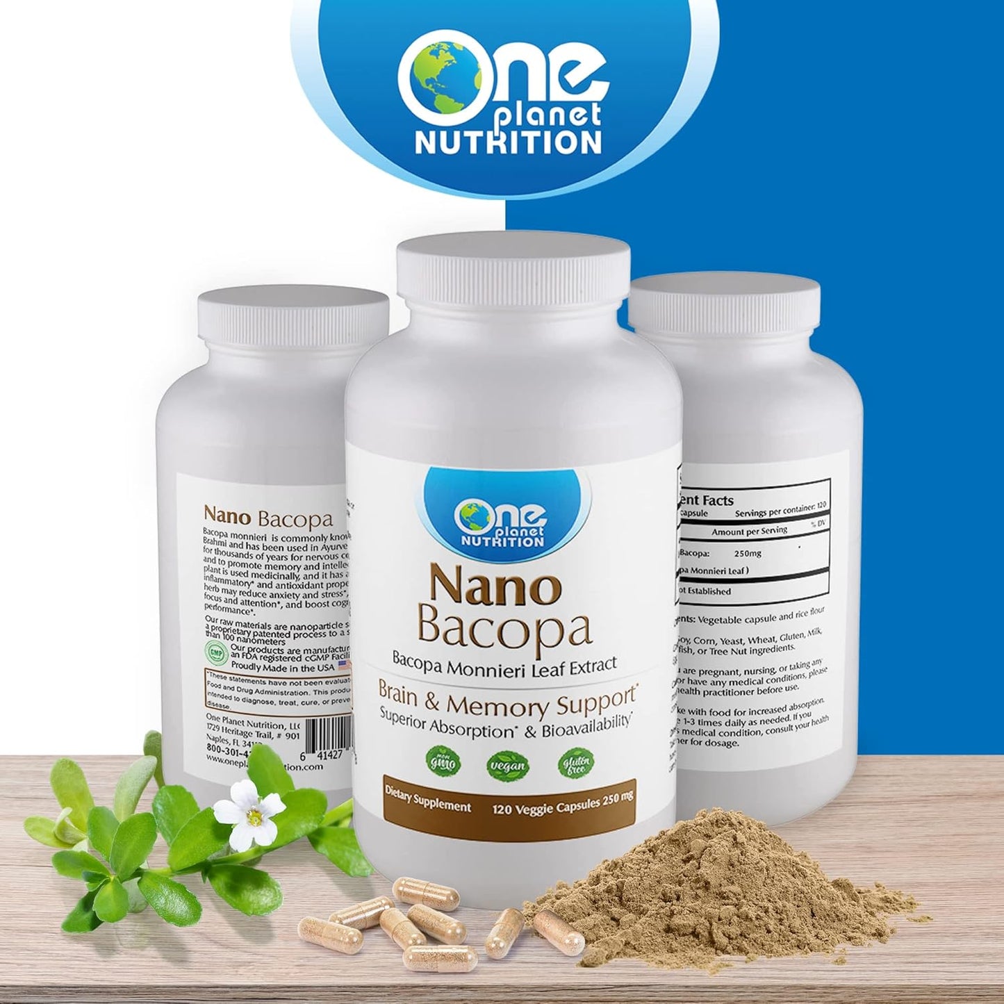 Nano Bacopa Monnieri Extract Capsules - 250mg (120 Servings) | Memory & Focus Support | Easy Absorption | Non-GMO Vegan Gluten-Free