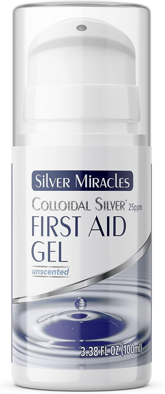 Nano Silver First Aid Gel for Burns, Sunburns, and Irritated Skin - Healing Ointment in Airless Bottle - Unscented - 3.38 OZ - 25 PPM Concentration