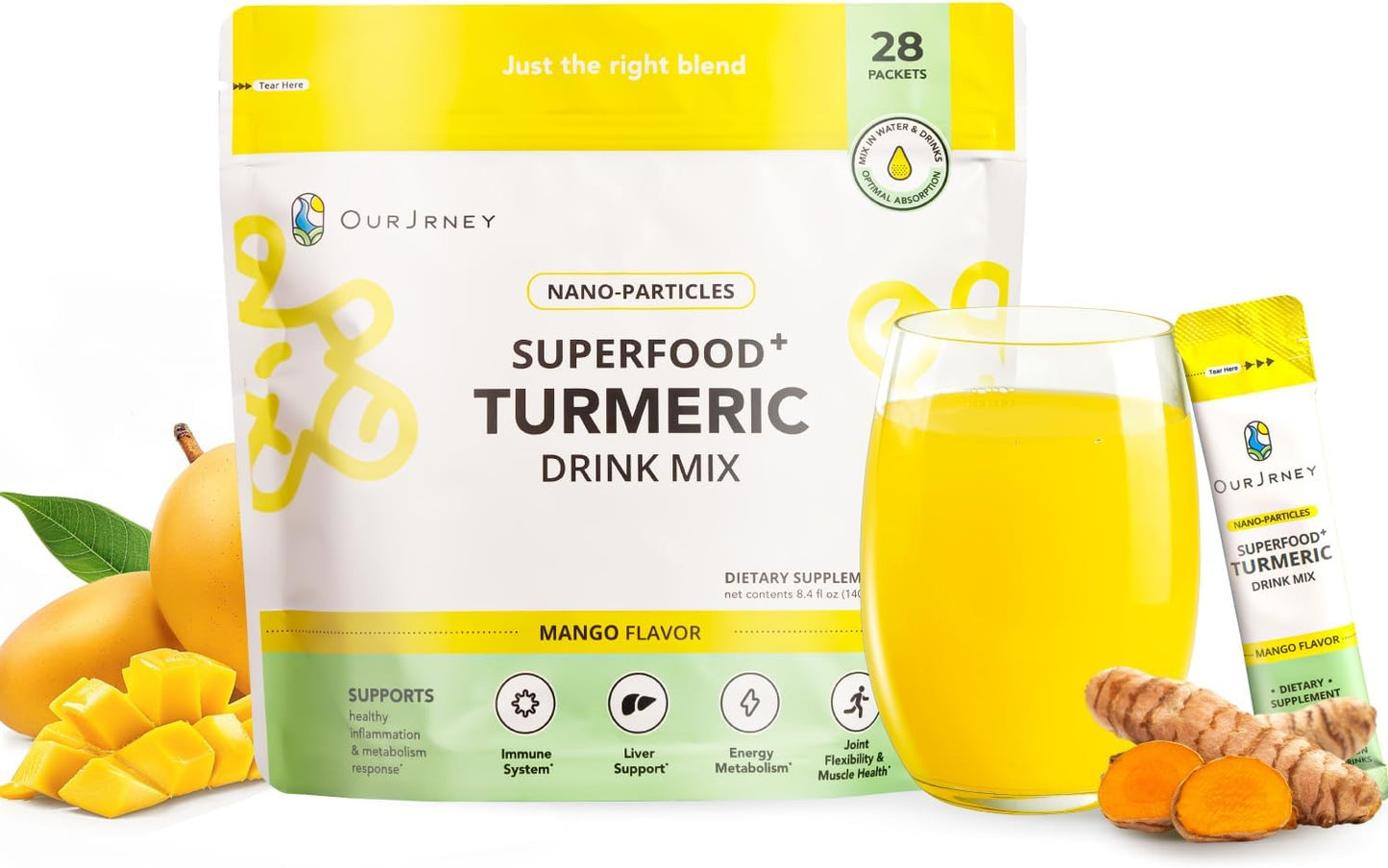 Nano Turmeric Curcumin Powder Packets with Natural Mango Flavor, 35X Stronger Supplement, Joint Relief and Immune Boost, Equivalent to 250+ Pills