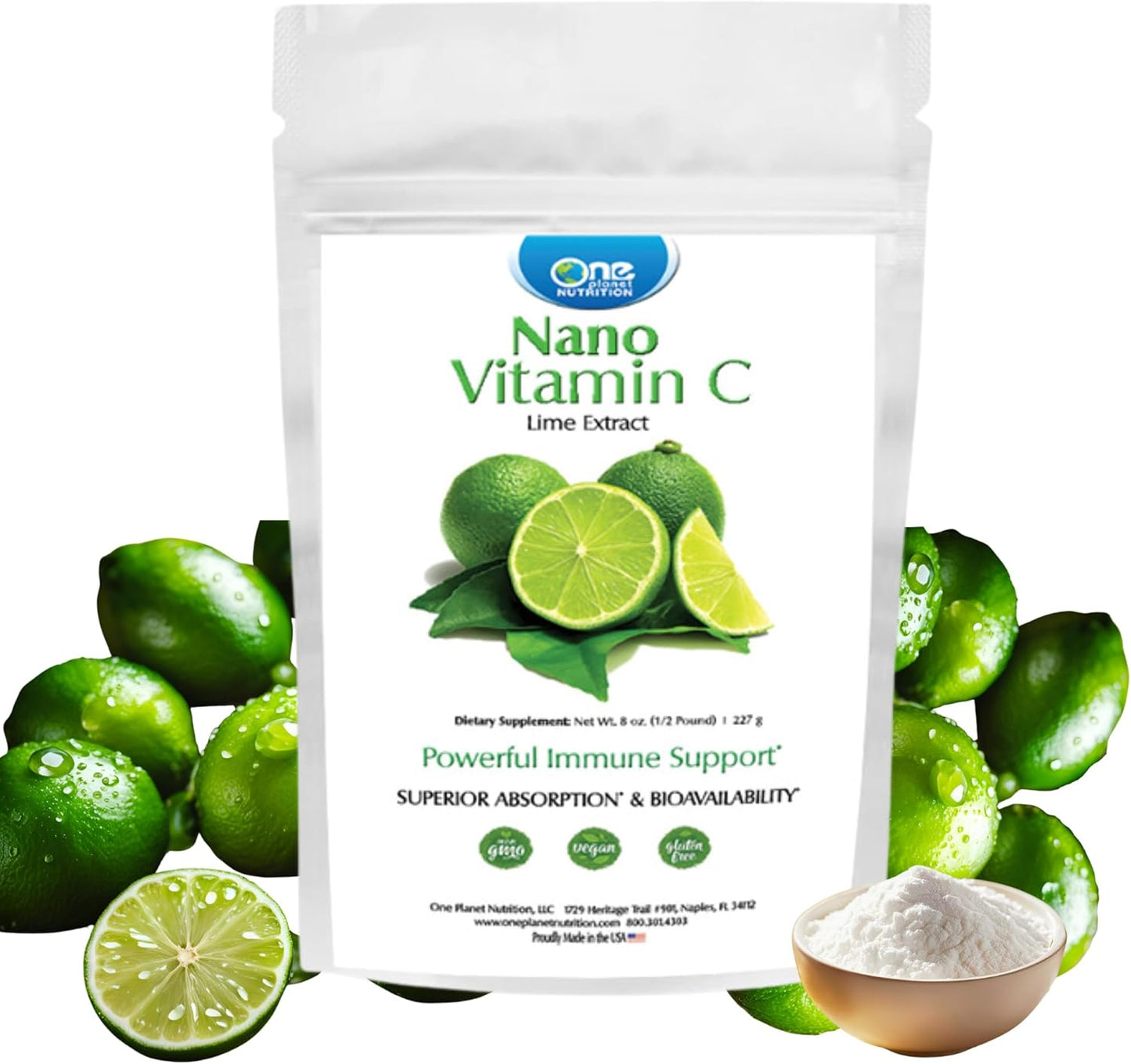 Nano Vitamin C Powder 8 oz - Lime Extract, Enhanced Absorption - Non-GMO Vegan Supplement for Collagen & Immune Health