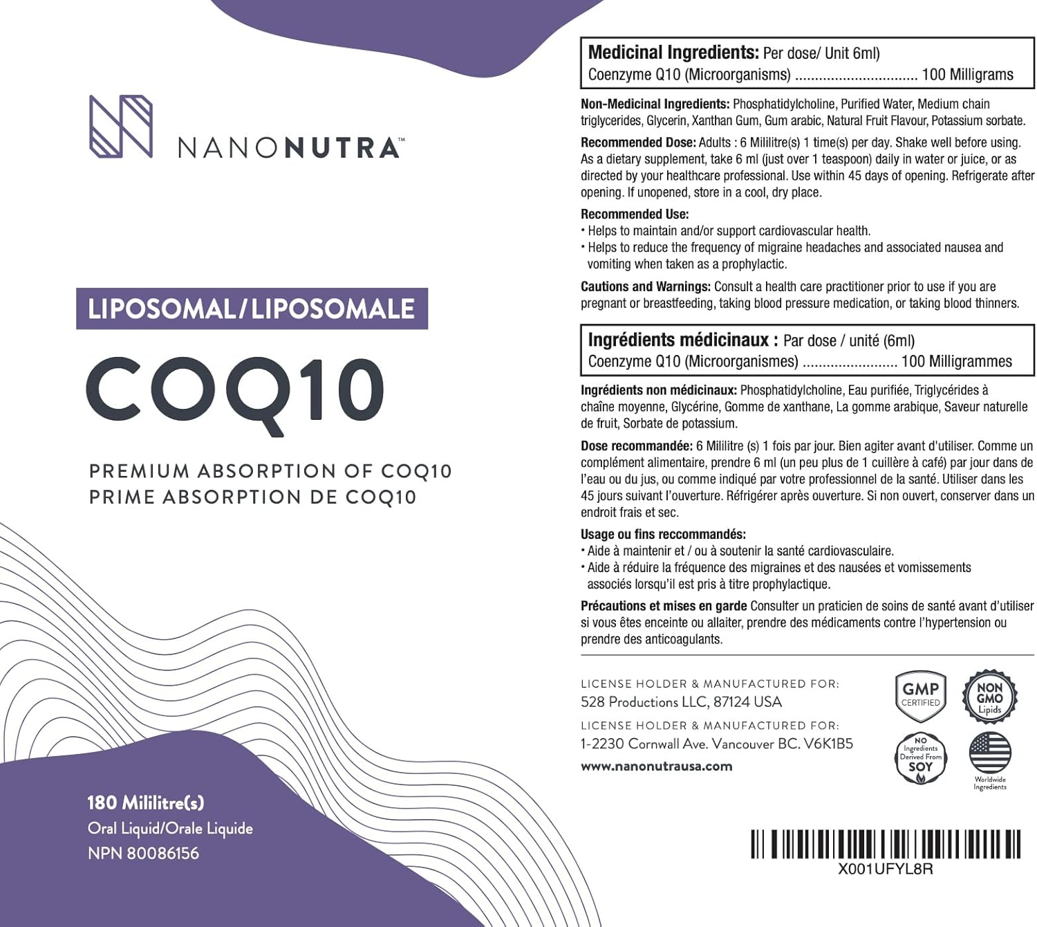 NanoNutra Liquid CoQ10 Supplement (100mg Ubiquinone) with Fast-Absorbing Liposome Technology | Non-GMO, Non-Soy | Boost Energy, Anti-Aging | 180ml/30 Servings