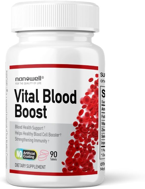 NANOWELL Vital Blood Boost - Iron Supplement with Selenium, Zinc, Vitamin B12 & Folic Acid - 90 Tablets - 90 Day Supply