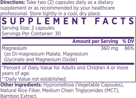 NAOMI Mighty Mg Magnesium Glycinate & Malate Complex 360mg for Heart Health, Strong Bones, and Better Sleep - 60 Veggie Caps, Gluten-Free, Non-GMO, Vegan Formula with High Absorption