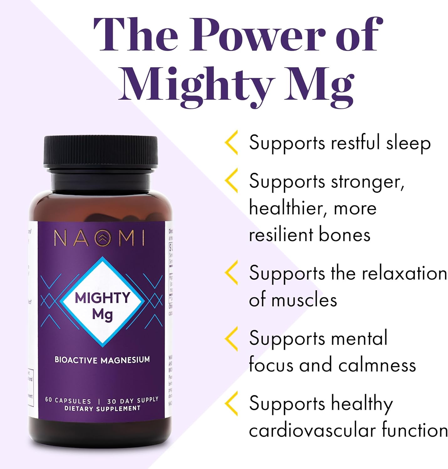 NAOMI Mighty Mg Magnesium Glycinate & Malate Complex 360mg for Heart Health, Strong Bones, and Better Sleep - 60 Veggie Caps, Gluten-Free, Non-GMO, Vegan Formula with High Absorption