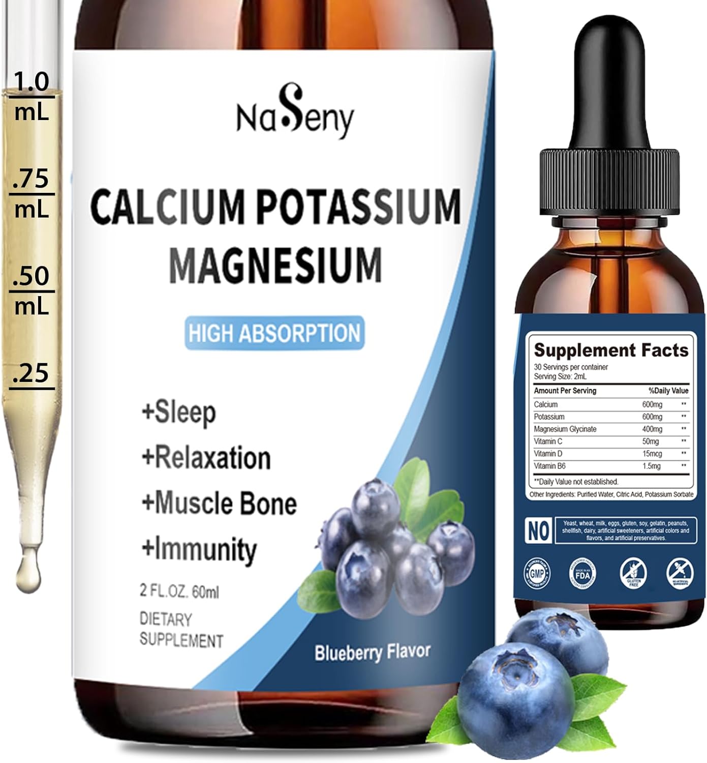 NaSeny Calcium Potassium Magnesium Drops with Vitamin C, D, B6 for Overall Wellness - 600mg Calcium, 600mg Potassium, 400mg Magnesium (60ml)