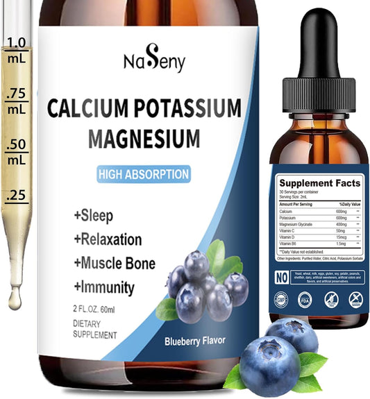 NaSeny Calcium Potassium Magnesium Drops with Vitamin C, D, B6 for Overall Wellness - 600mg Calcium, 600mg Potassium, 400mg Magnesium (60ml)