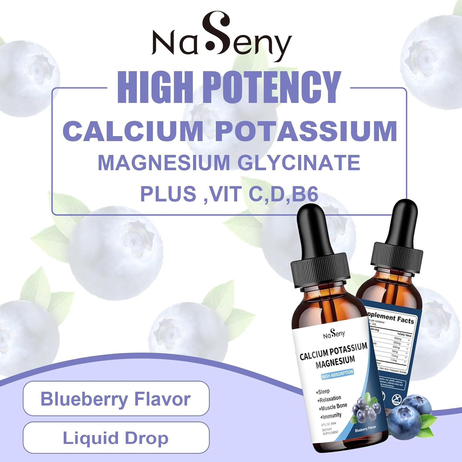 NaSeny Calcium Potassium Magnesium Drops with Vitamin C, D, B6 for Overall Wellness - 600mg Calcium, 600mg Potassium, 400mg Magnesium (60ml)