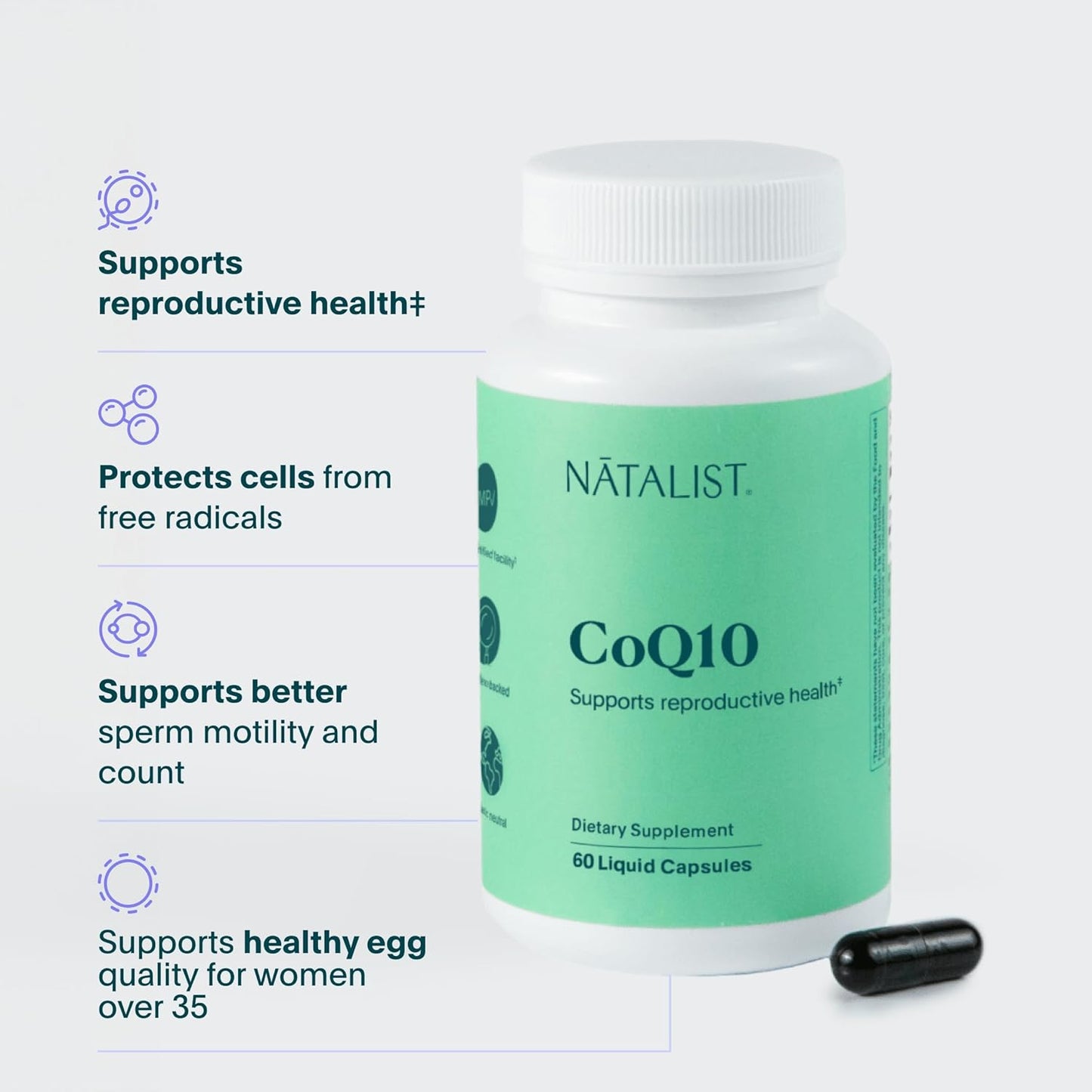 NATALIST CoQ10 Ubiquinone 120mg Fertility Vitamin Antioxidant Supplement for Women & Men - Vegan, Non-GMO - 60 Liquid Capsules