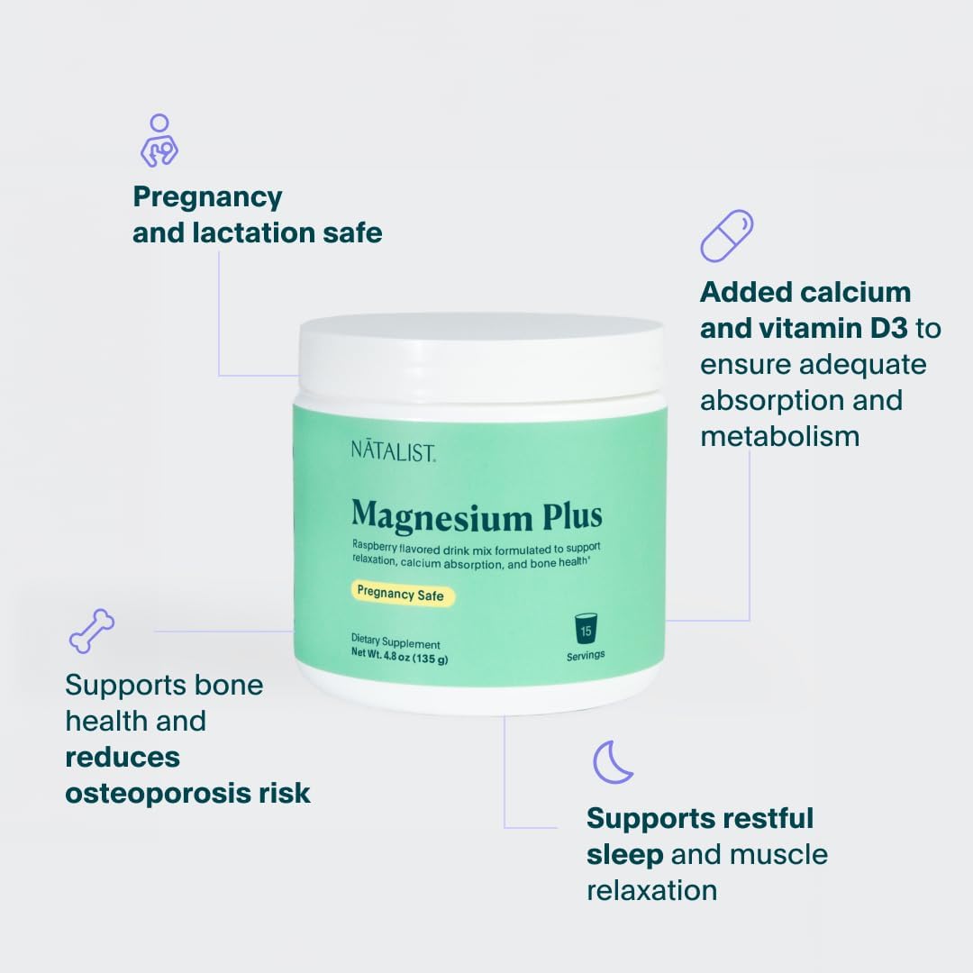 NATALIST Magnesium Plus Drink Mix - Complete Women's Whole Body Replenish & Relax Supplement with Calcium & Vitamin D3 - Raspberry Flavor - 15 Servings