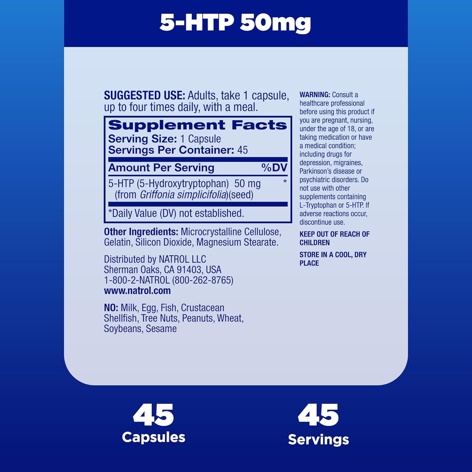 Natrol 5-HTP Mood & Stress Dietary Supplement 50mg Capsules - Balanced Mood Support - 45 Day Supply