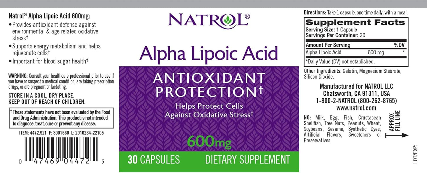 Natrol Alpha Lipoic Acid 600mg Capsules, Antioxidant Support, 30ct x 5 Pack