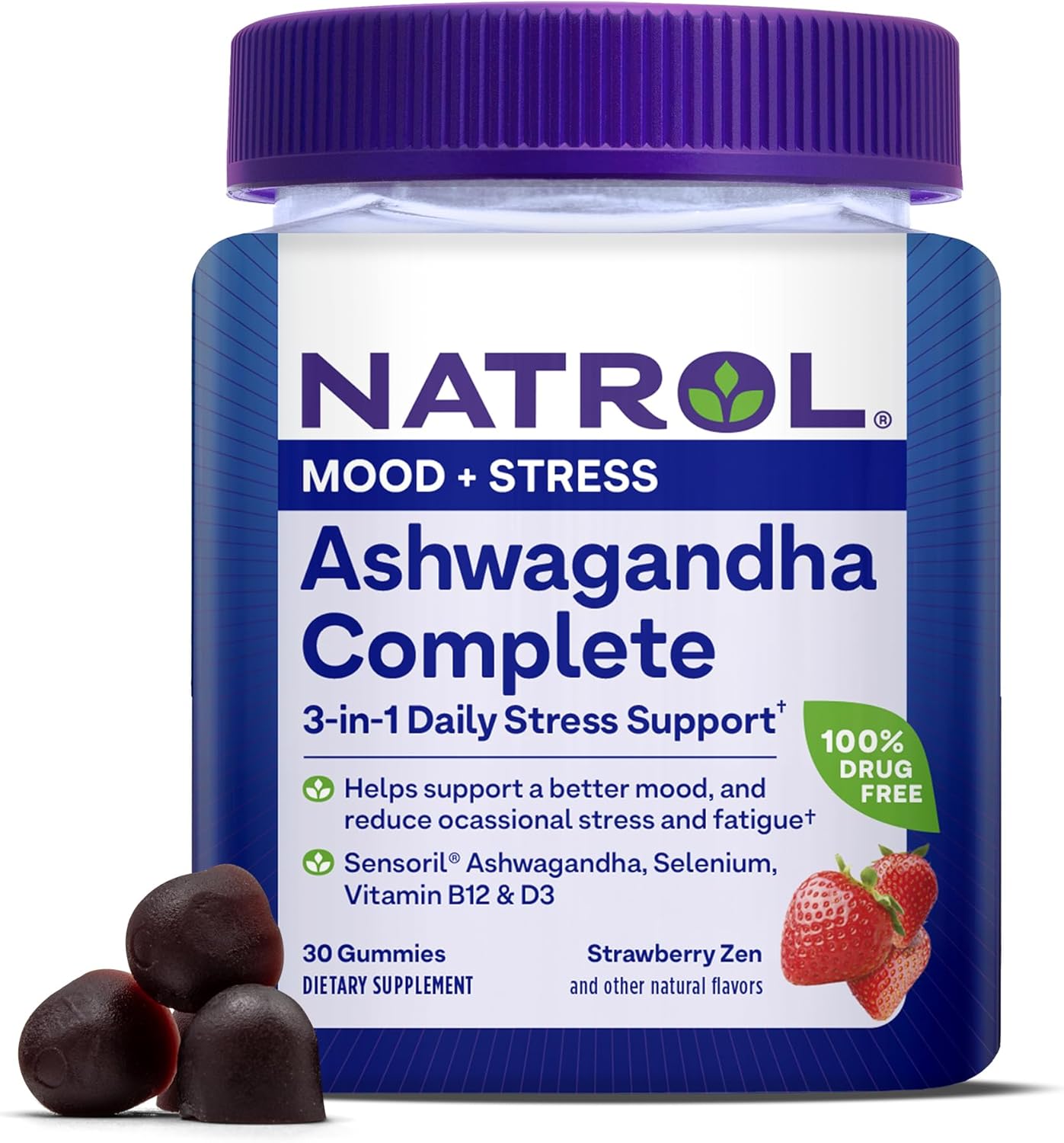 Natrol Ashwagandha Complete Gummy: Daily Stress Support, Mood Enhancement, Fatigue Reduction - 30 Gummies