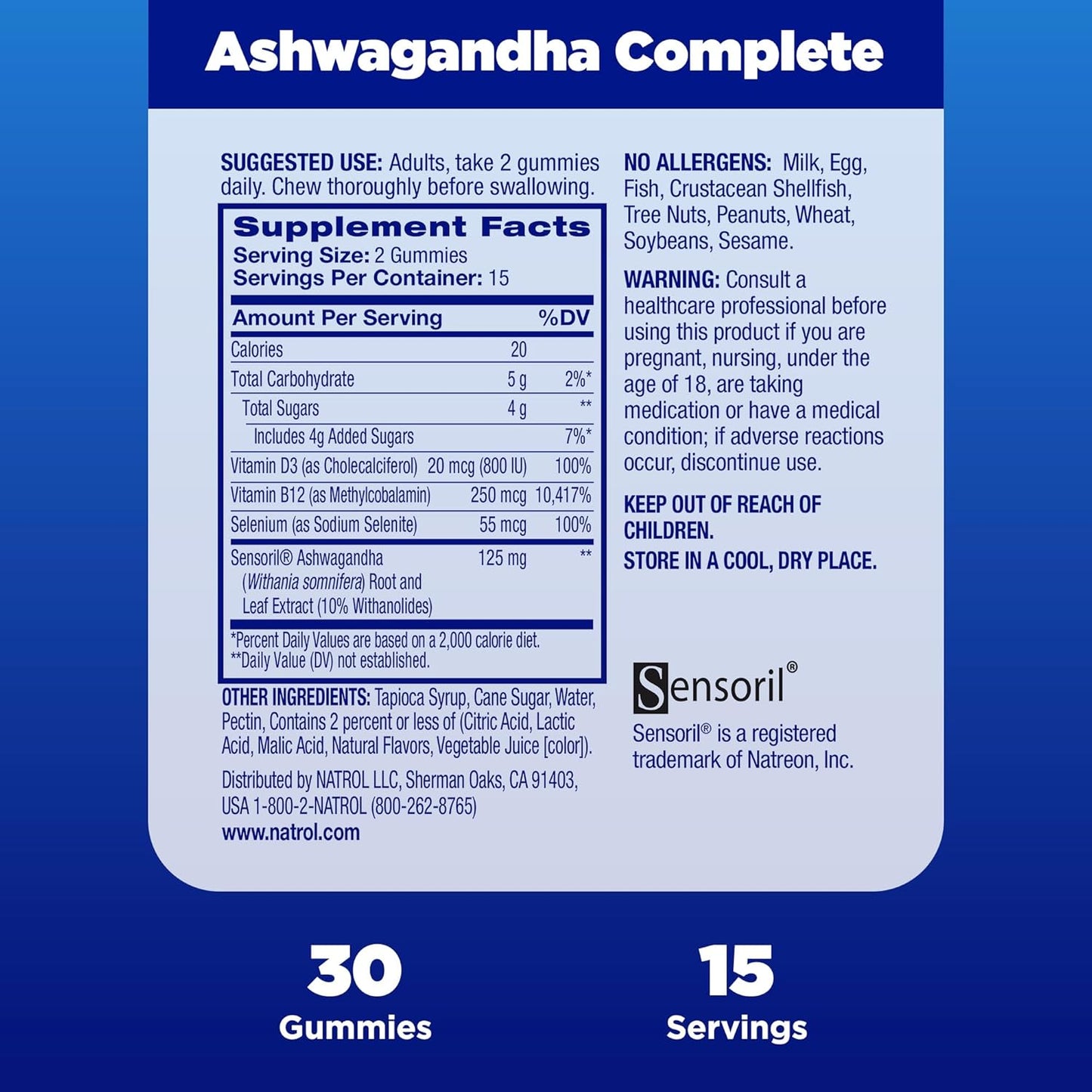 Natrol Ashwagandha Complete Gummy: Daily Stress Support, Mood Enhancement, Fatigue Reduction - 30 Gummies