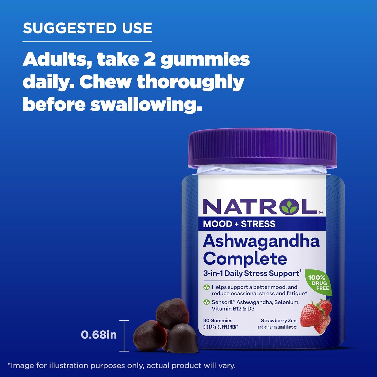Natrol Ashwagandha Complete Gummy: Daily Stress Support, Mood Enhancement, Fatigue Reduction - 30 Gummies