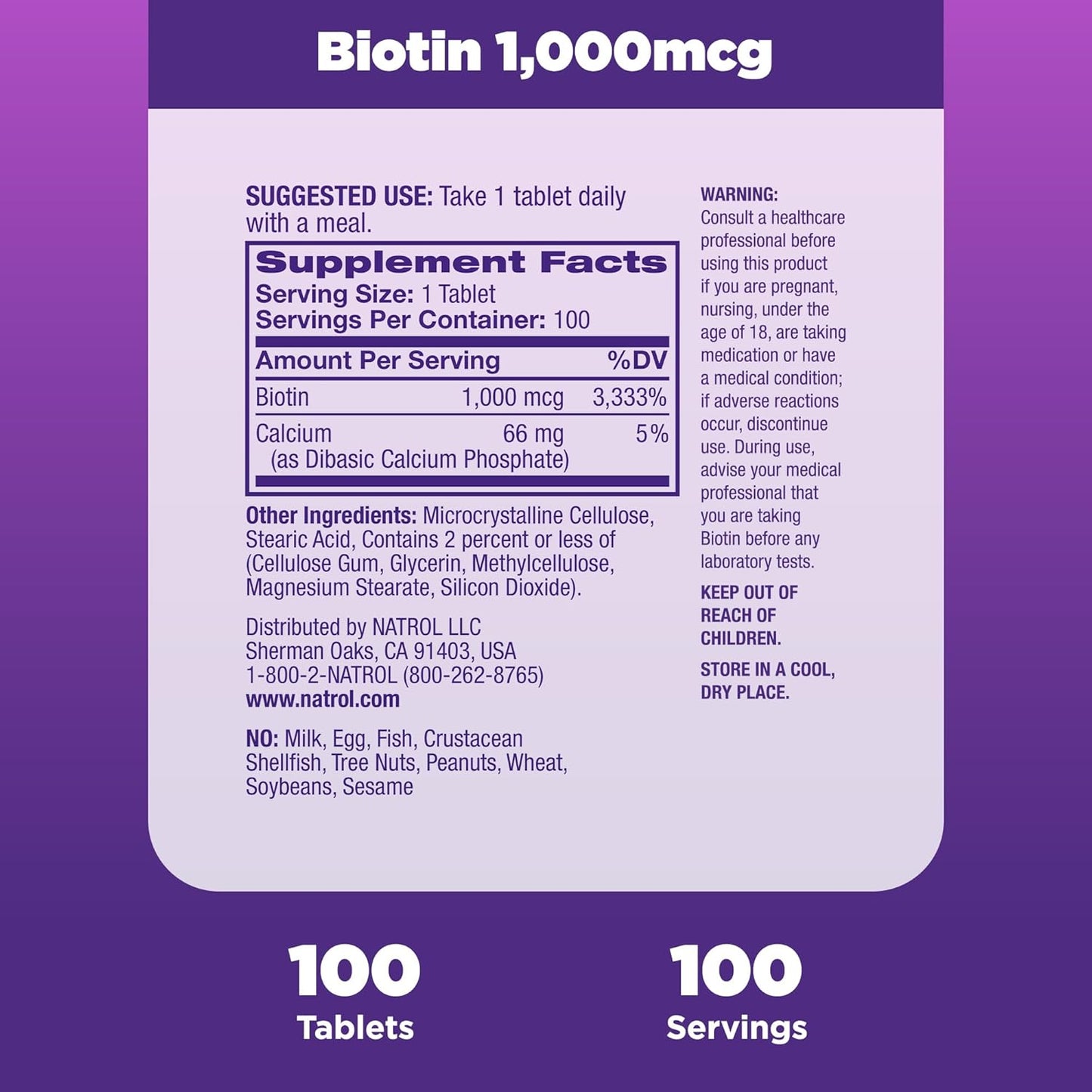 Natrol Beauty Biotin 1000mcg Dietary Supplement for Hair, Skin, Nails - 1200 Tablets, 100 Day Supply