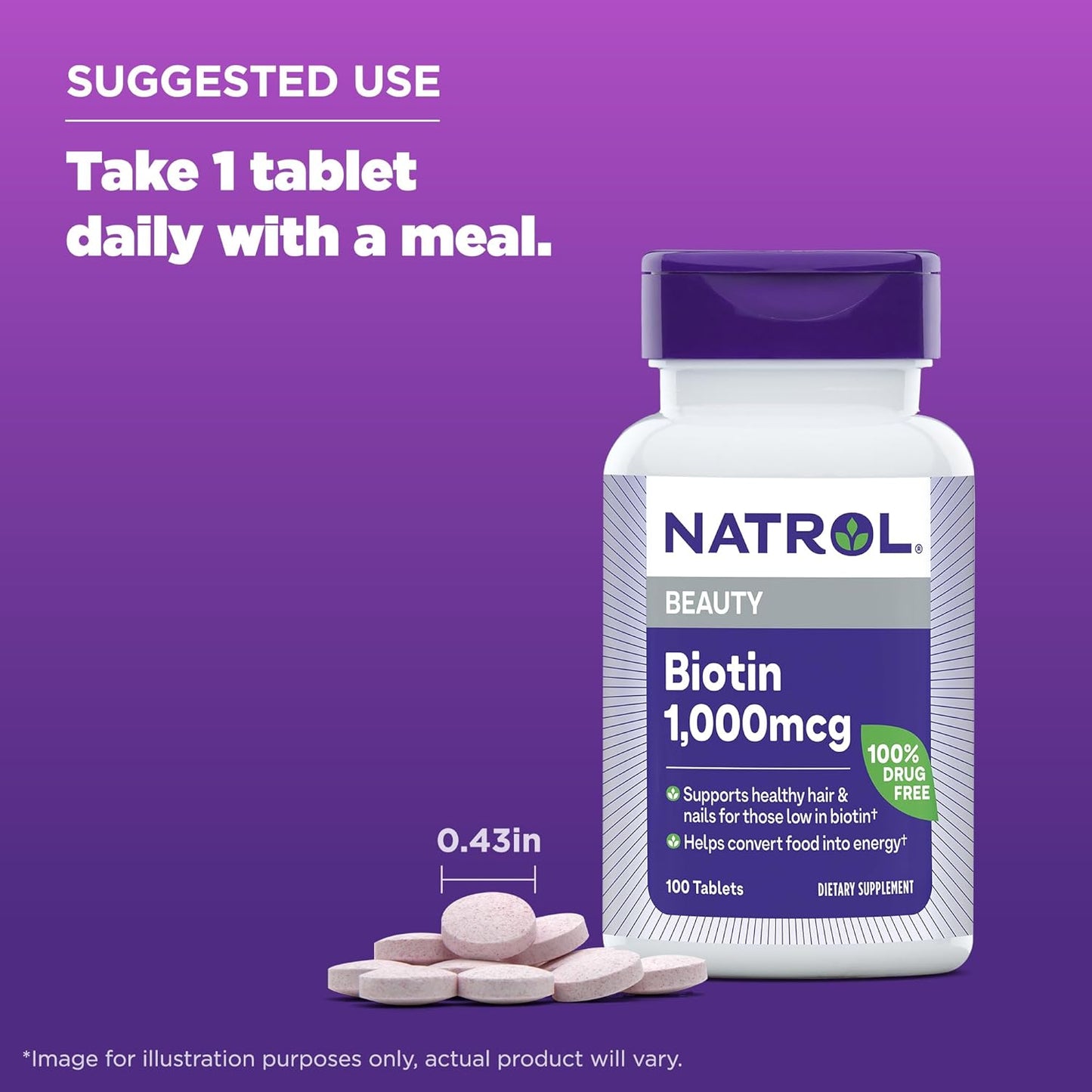 Natrol Beauty Biotin 1000mcg Dietary Supplement for Hair, Skin, Nails - 1200 Tablets, 100 Day Supply