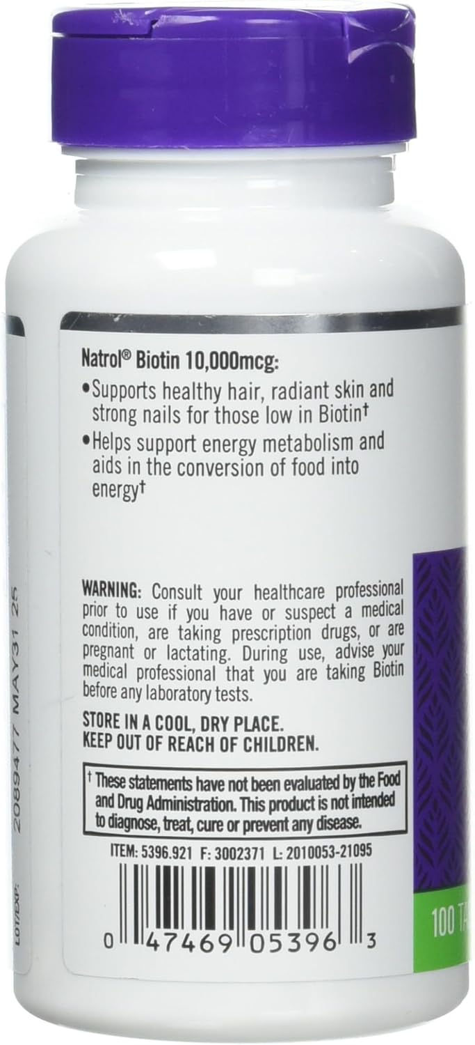 Natrol Biotin Tablets 10000 mcg - Twin Pack of 200 Count Tablets