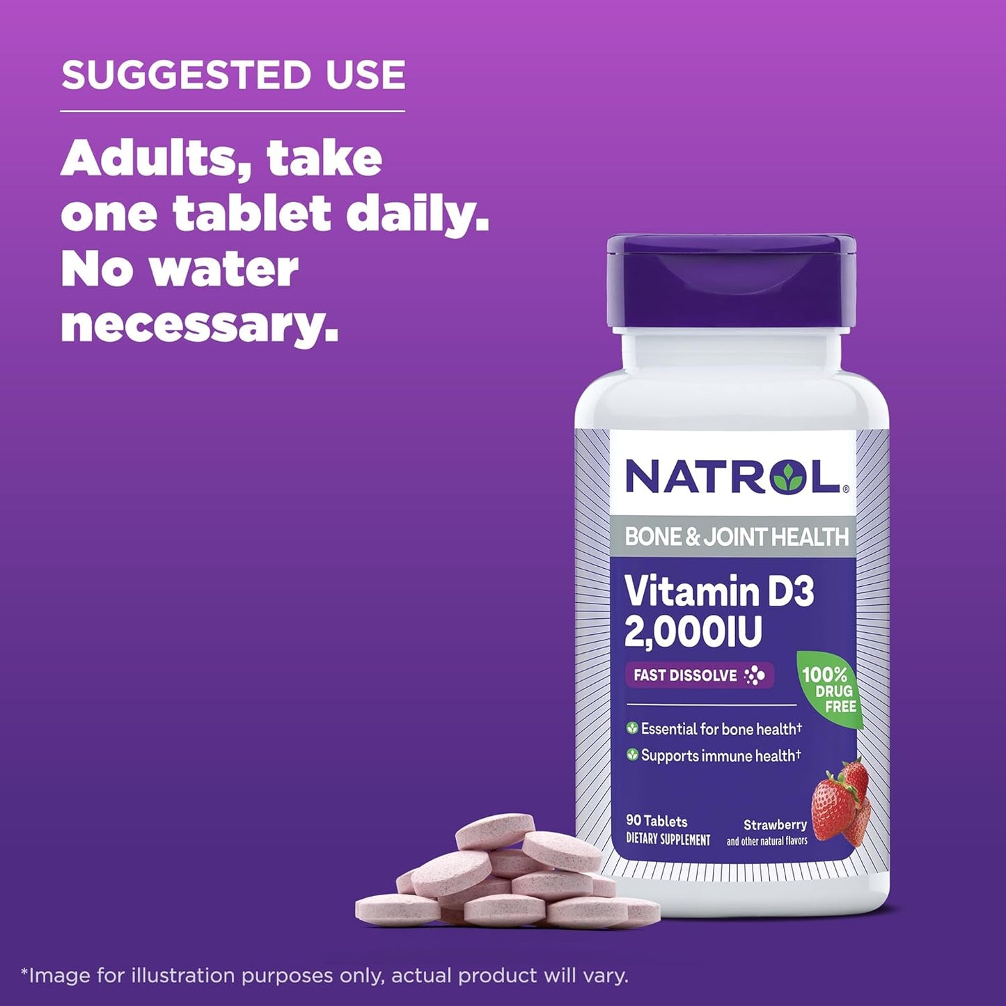 Natrol Fast Dissolve Vitamin D3 2,000 IU Supplement for Bone & Joint Health, 90 Tablets - 90 Day Supply