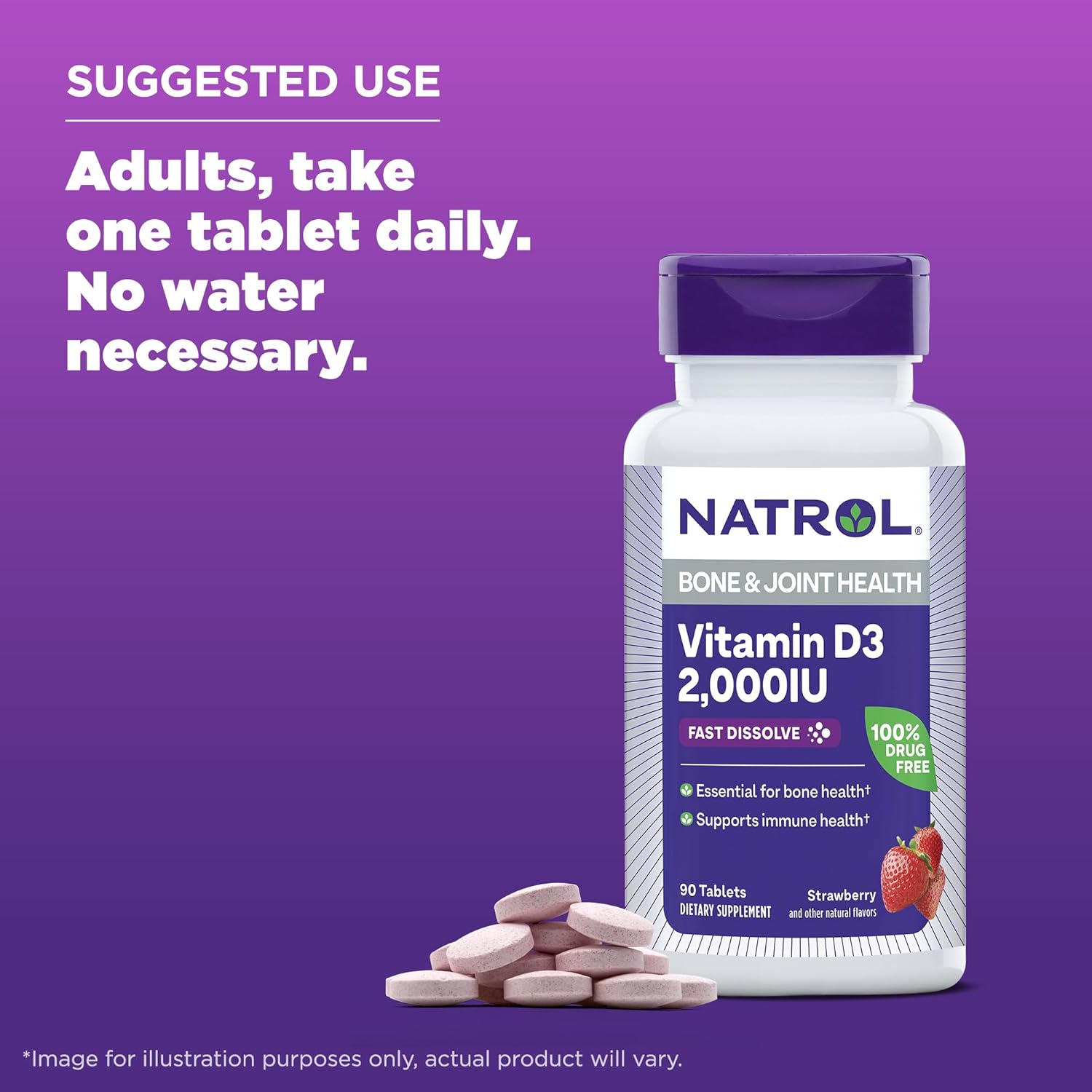 Natrol Fast Dissolve Vitamin D3 2,000 IU Supplement for Bone & Joint Health, 90 Tablets - 90 Day Supply