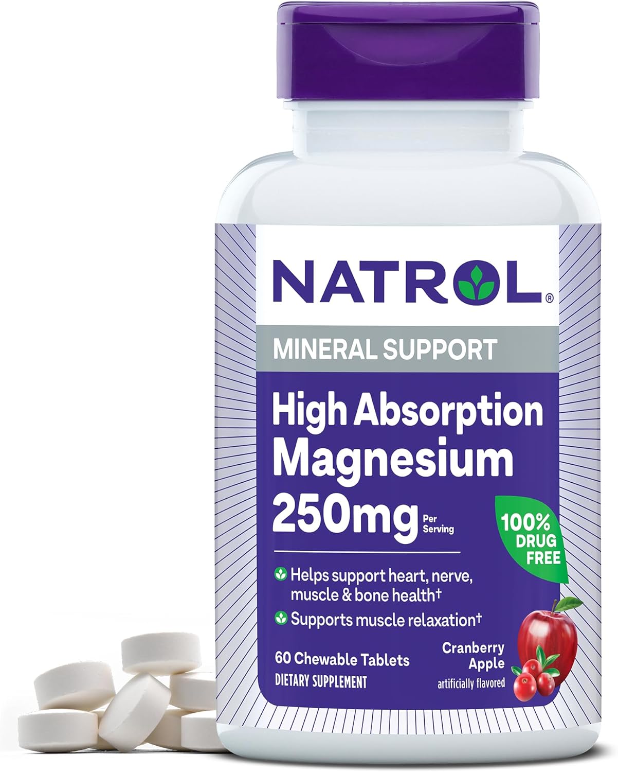 Natrol High Absorption Magnesium Chewable Tablets - 250 mg, Cranberry Apple Flavor, 60 Count - Supports Heart, Nerve, Muscle, Bone Health - 30 Day Supply