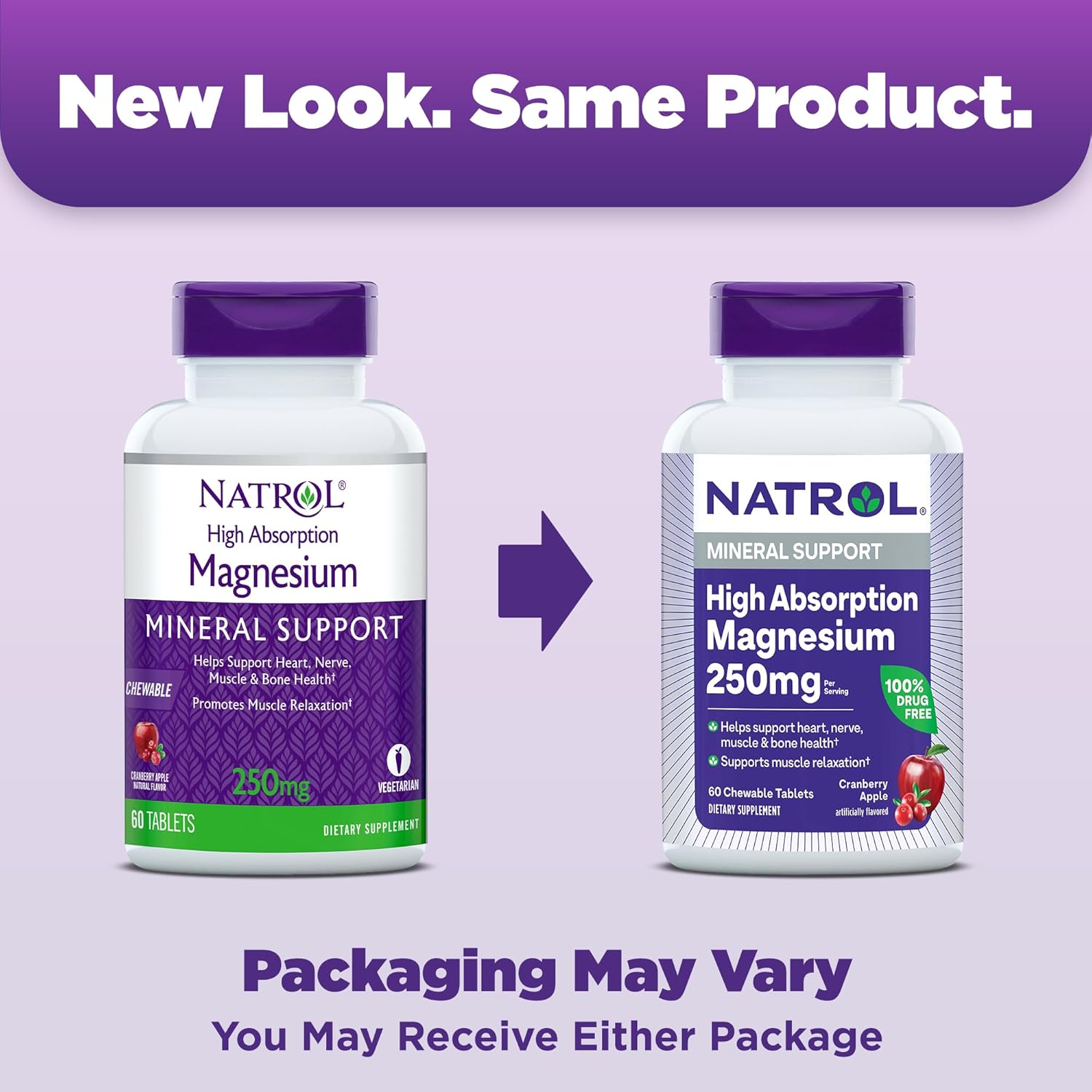 Natrol High Absorption Magnesium Chewable Tablets - 250 mg, Cranberry Apple Flavor, 60 Count - Supports Heart, Nerve, Muscle, Bone Health - 30 Day Supply