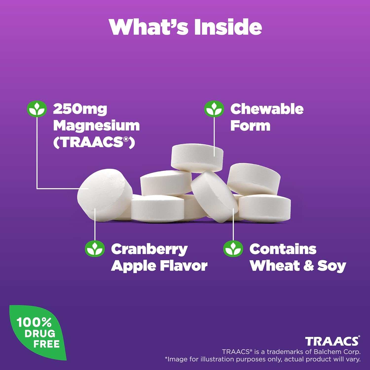 Natrol High Absorption Magnesium Chewable Tablets - 250 mg, Cranberry Apple Flavor, 60 Count - Supports Heart, Nerve, Muscle, Bone Health - 30 Day Supply