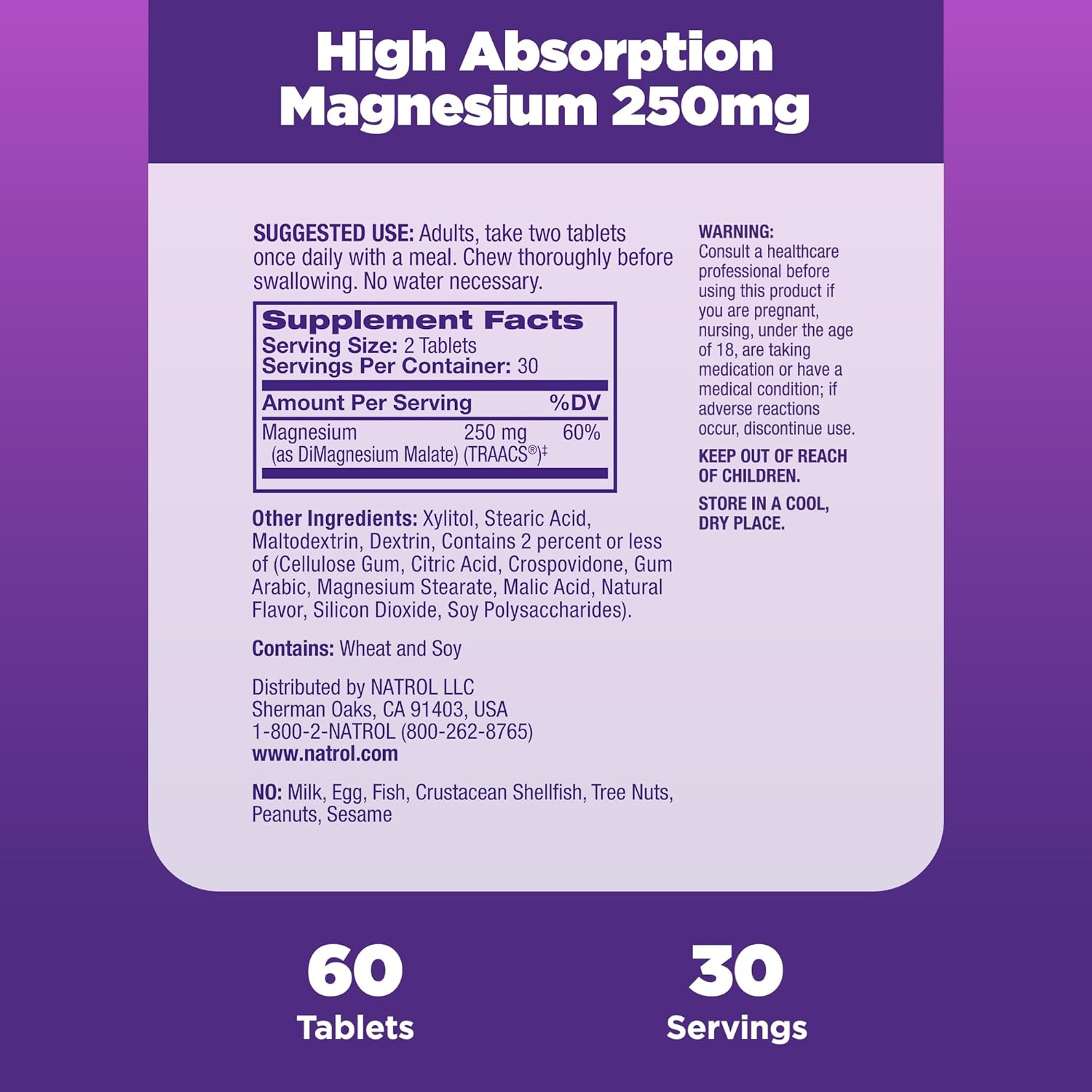 Natrol High Absorption Magnesium Chewable Tablets - 250 mg, Cranberry Apple Flavor, 60 Count - Supports Heart, Nerve, Muscle, Bone Health - 30 Day Supply