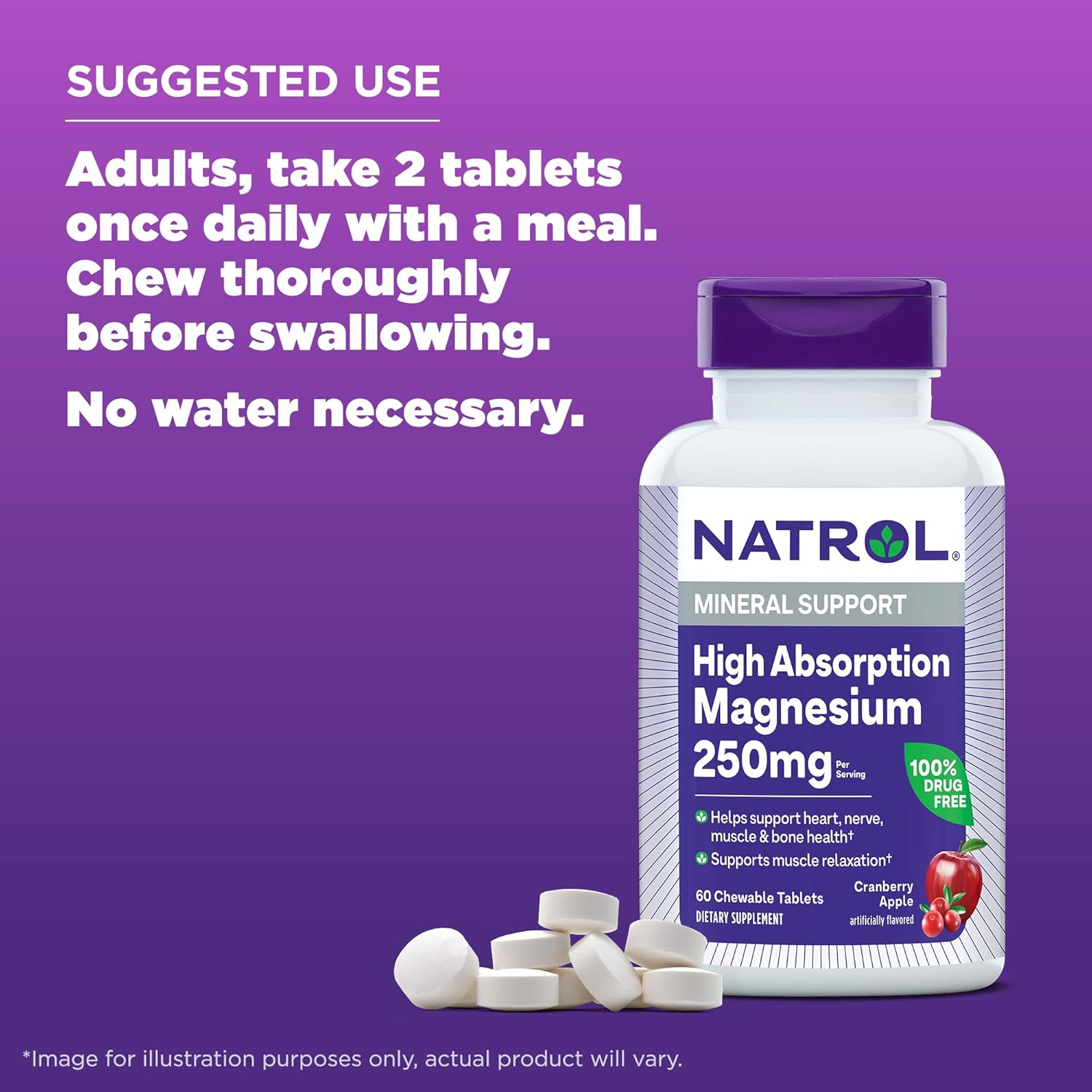Natrol High Absorption Magnesium Chewable Tablets - 250 mg, Cranberry Apple Flavor, 60 Count - Supports Heart, Nerve, Muscle, Bone Health - 30 Day Supply