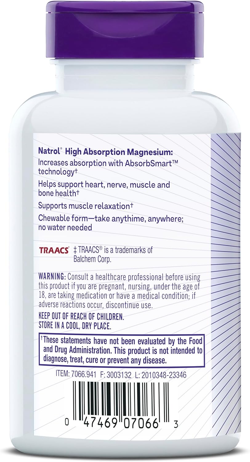 Natrol High Absorption Magnesium Chewable Tablets - 250 mg, Cranberry Apple Flavor, 60 Count - Supports Heart, Nerve, Muscle, Bone Health - 30 Day Supply