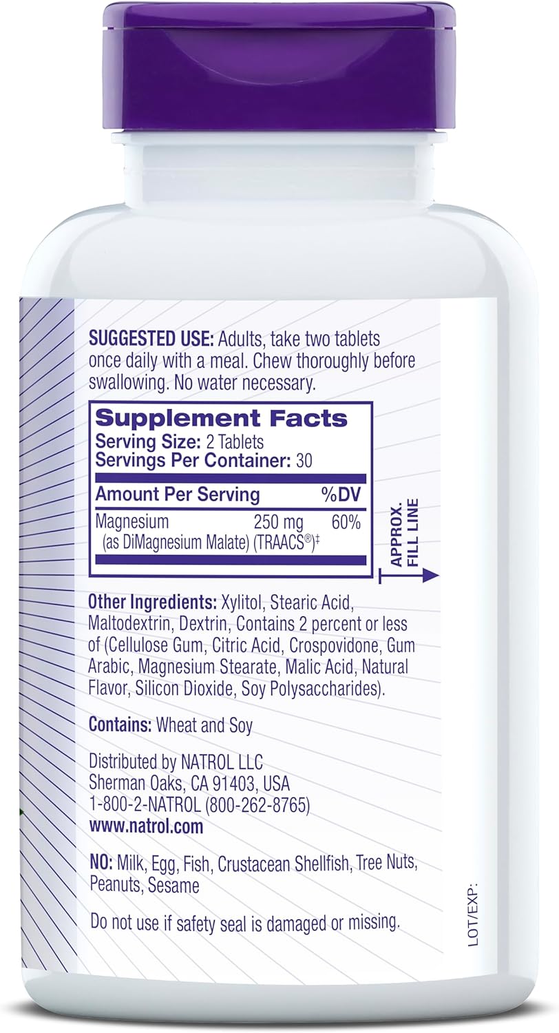 Natrol High Absorption Magnesium Chewable Tablets - 250 mg, Cranberry Apple Flavor, 60 Count - Supports Heart, Nerve, Muscle, Bone Health - 30 Day Supply