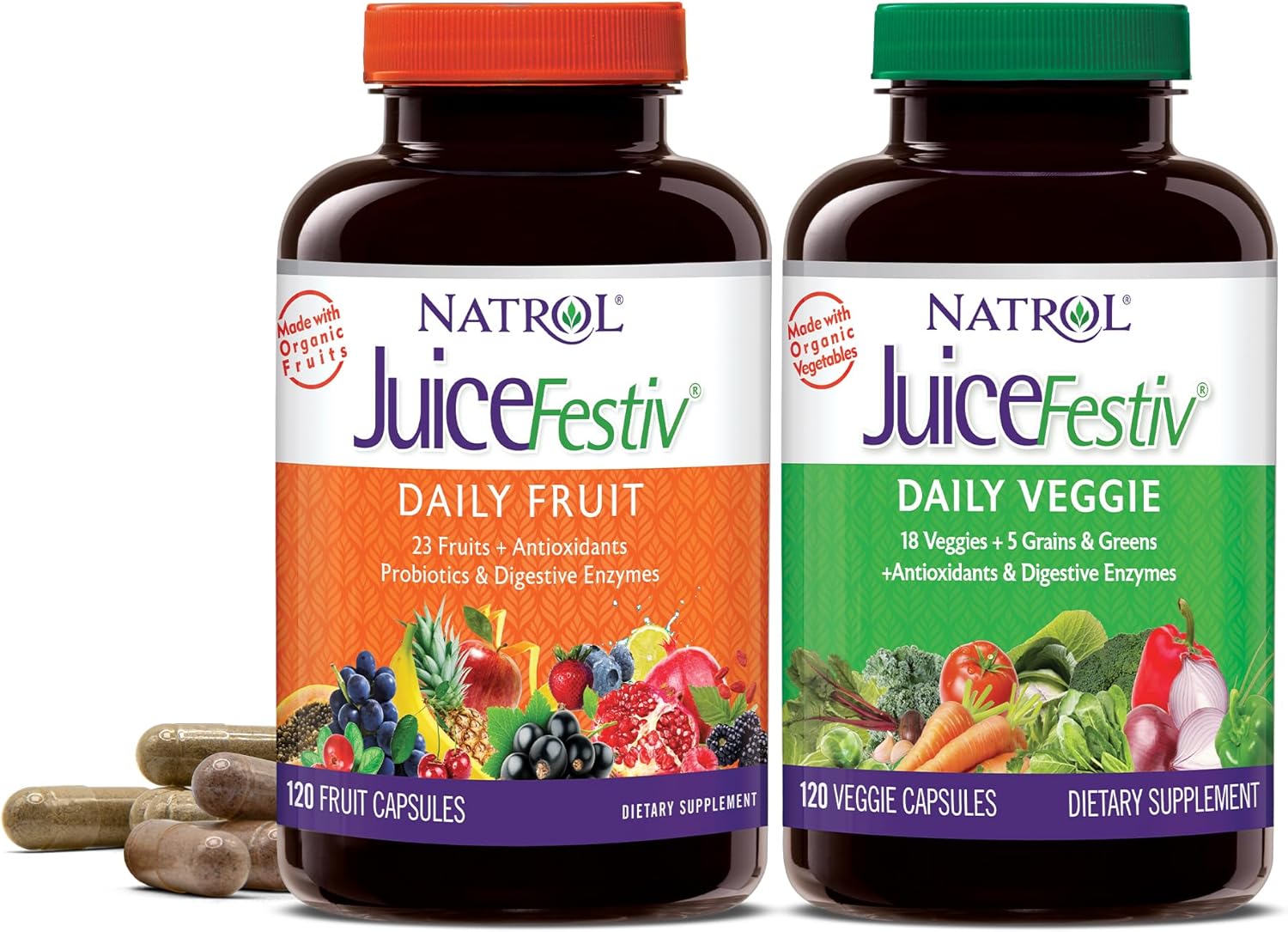 Natrol JuiceFestiv Daily Fruit & Veggie Supplement with SelenoExcell, Whole-Food Nutrients - 120 Capsules, Pack of 2, 60 Day Supply for Improved Nutrition & Well-Being