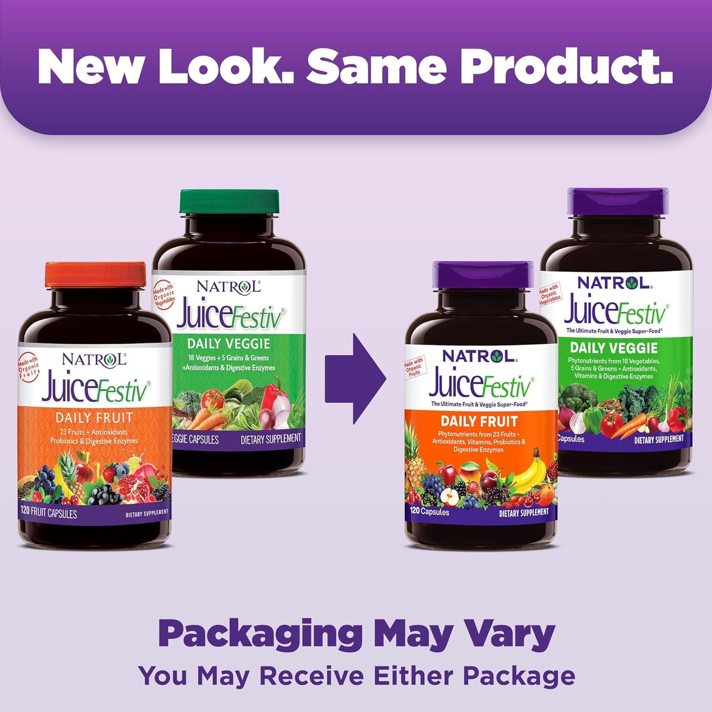 Natrol JuiceFestiv Daily Fruit & Veggie Supplement with SelenoExcell, Whole-Food Nutrients - 120 Capsules, Pack of 2, 60 Day Supply for Improved Nutrition & Well-Being