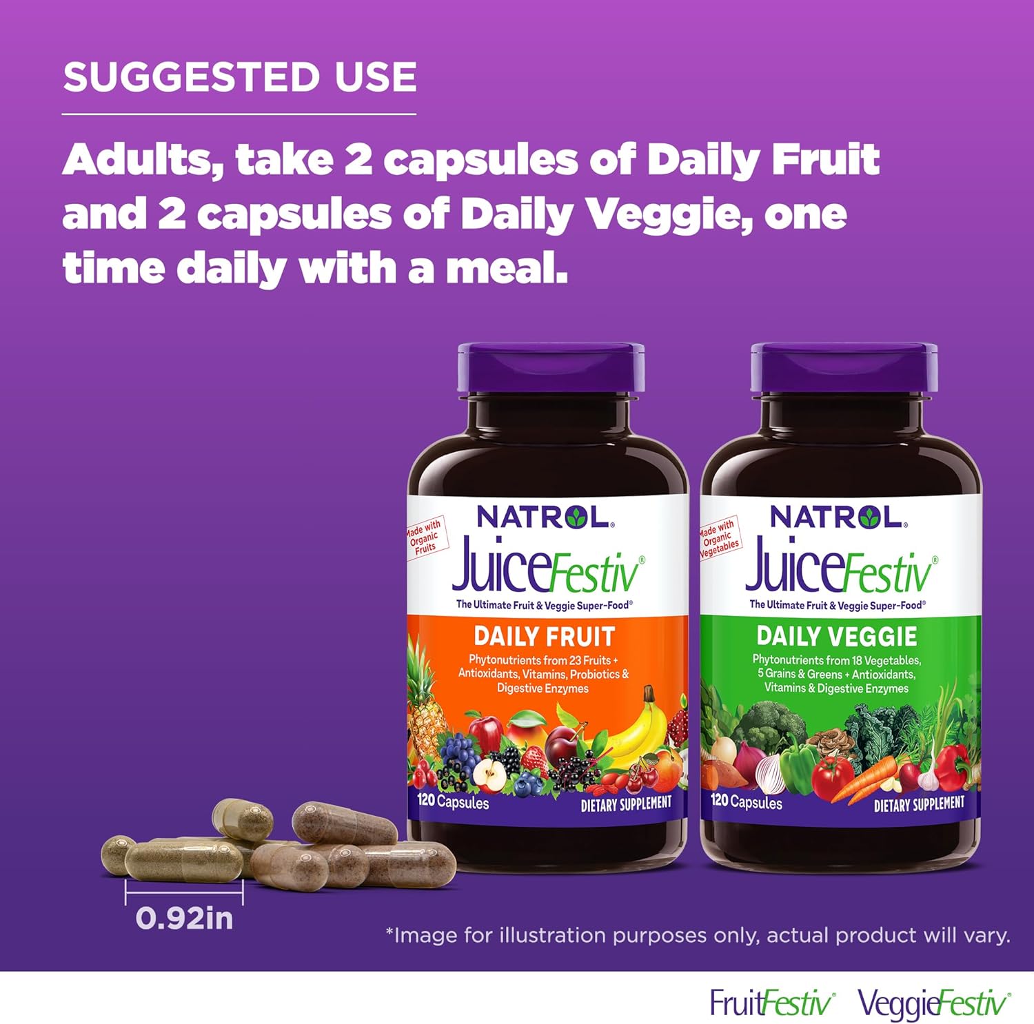 Natrol JuiceFestiv Daily Fruit & Veggie Supplement with SelenoExcell, Whole-Food Nutrients - 120 Capsules, Pack of 2, 60 Day Supply for Improved Nutrition & Well-Being