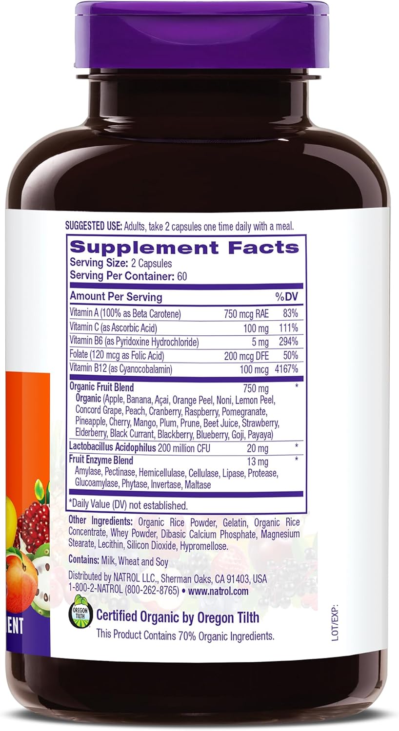 Natrol JuiceFestiv Daily Fruit & Veggie Supplement with SelenoExcell, Whole-Food Nutrients - 120 Capsules, Pack of 2, 60 Day Supply for Improved Nutrition & Well-Being