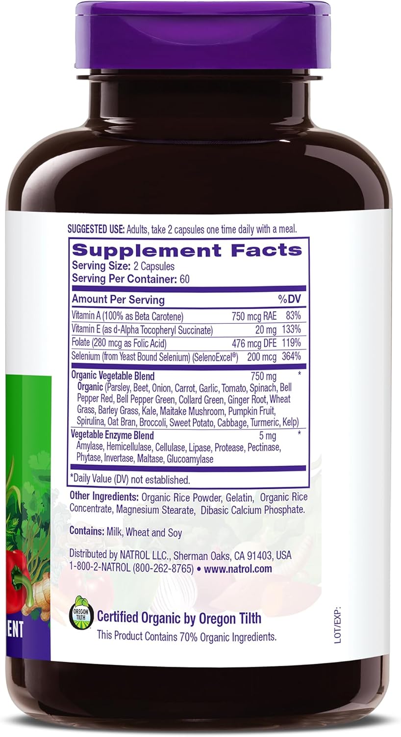 Natrol JuiceFestiv Daily Fruit & Veggie Supplement with SelenoExcell, Whole-Food Nutrients - 120 Capsules, Pack of 2, 60 Day Supply for Improved Nutrition & Well-Being