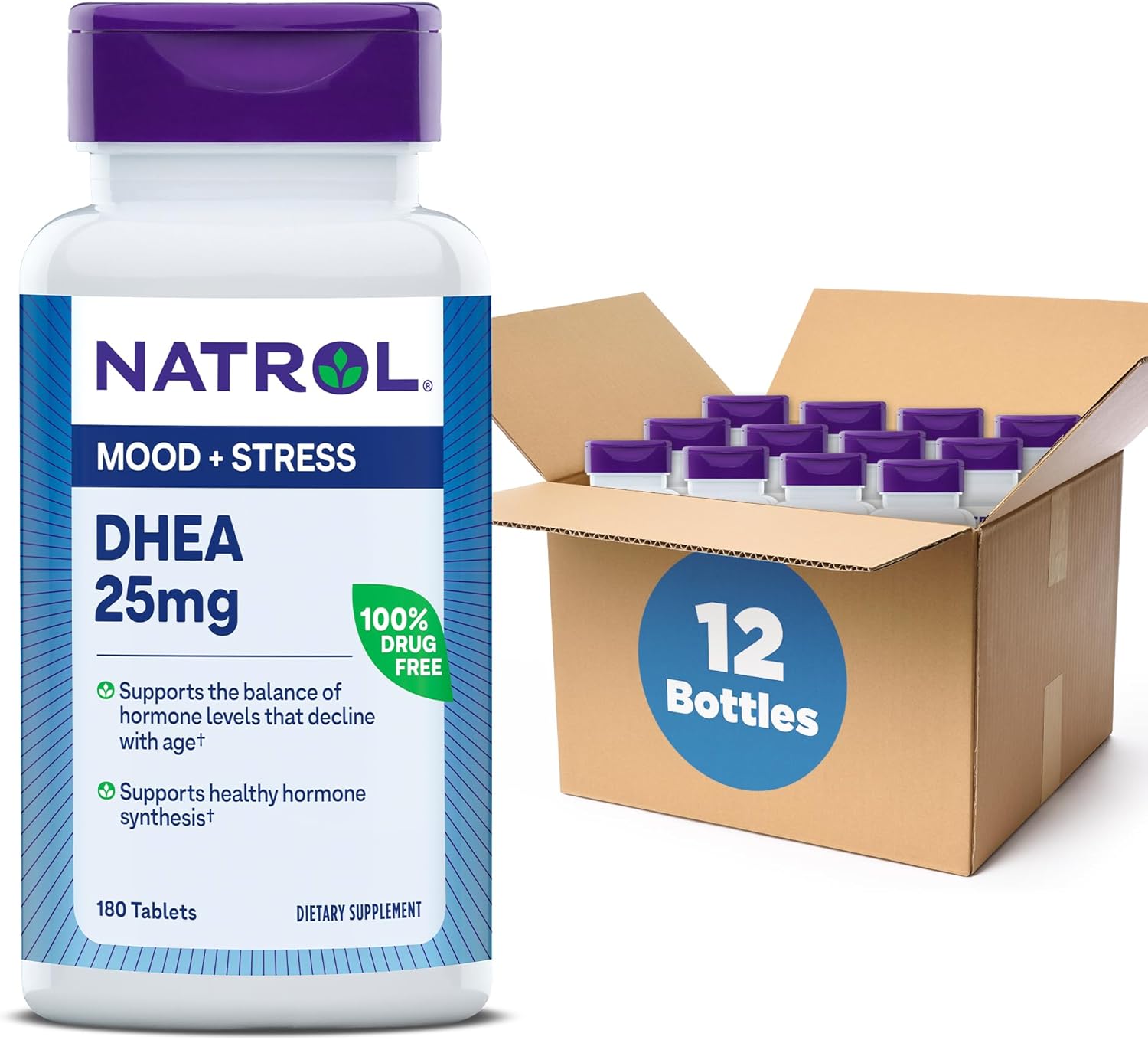Natrol Mood & Stress DHEA 25mg with Calcium, 180 Tablets - Hormone Balance & Mood Support, 12-Pack, 180 Day Supply