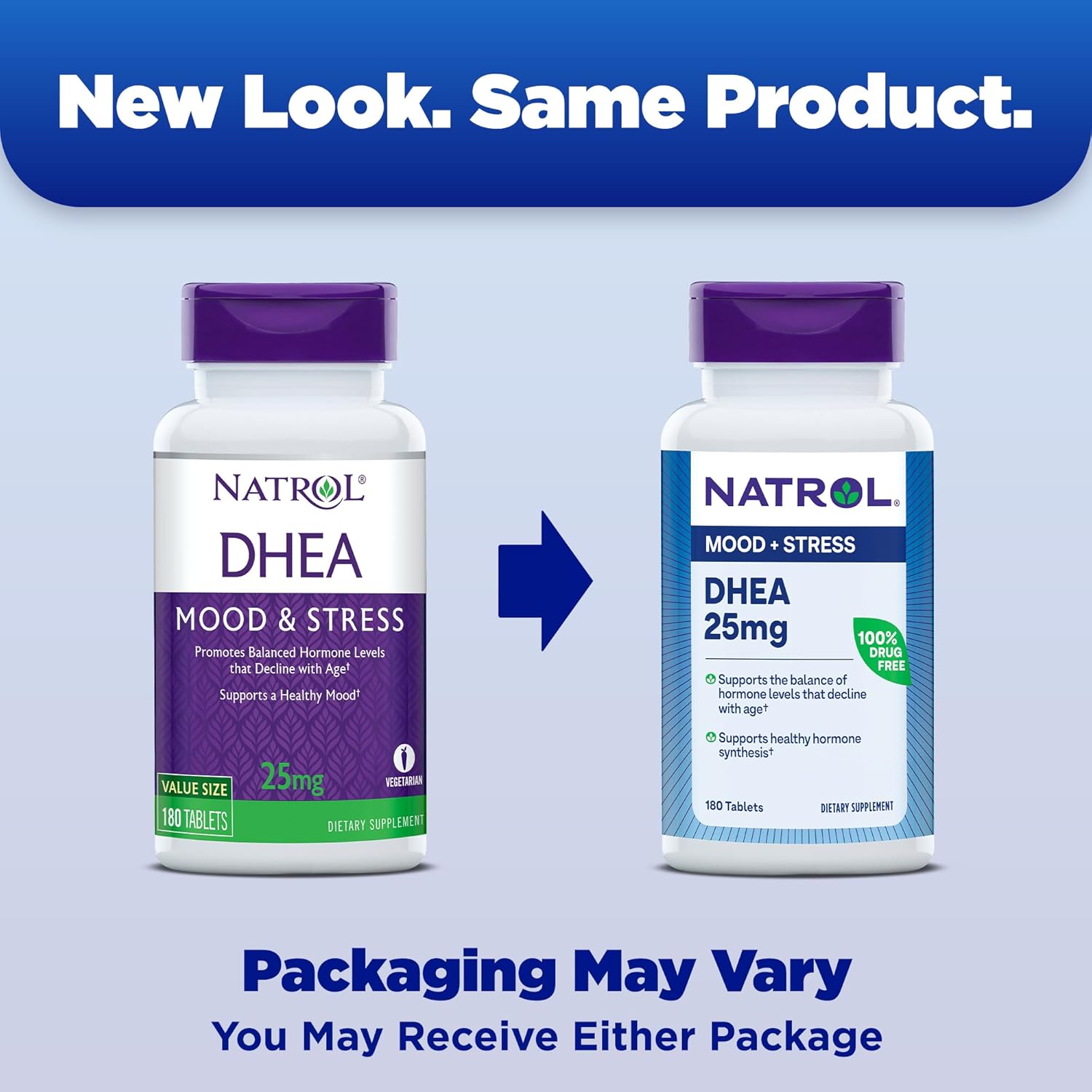 Natrol Mood & Stress DHEA 25mg with Calcium, 180 Tablets - Hormone Balance & Mood Support, 12-Pack, 180 Day Supply