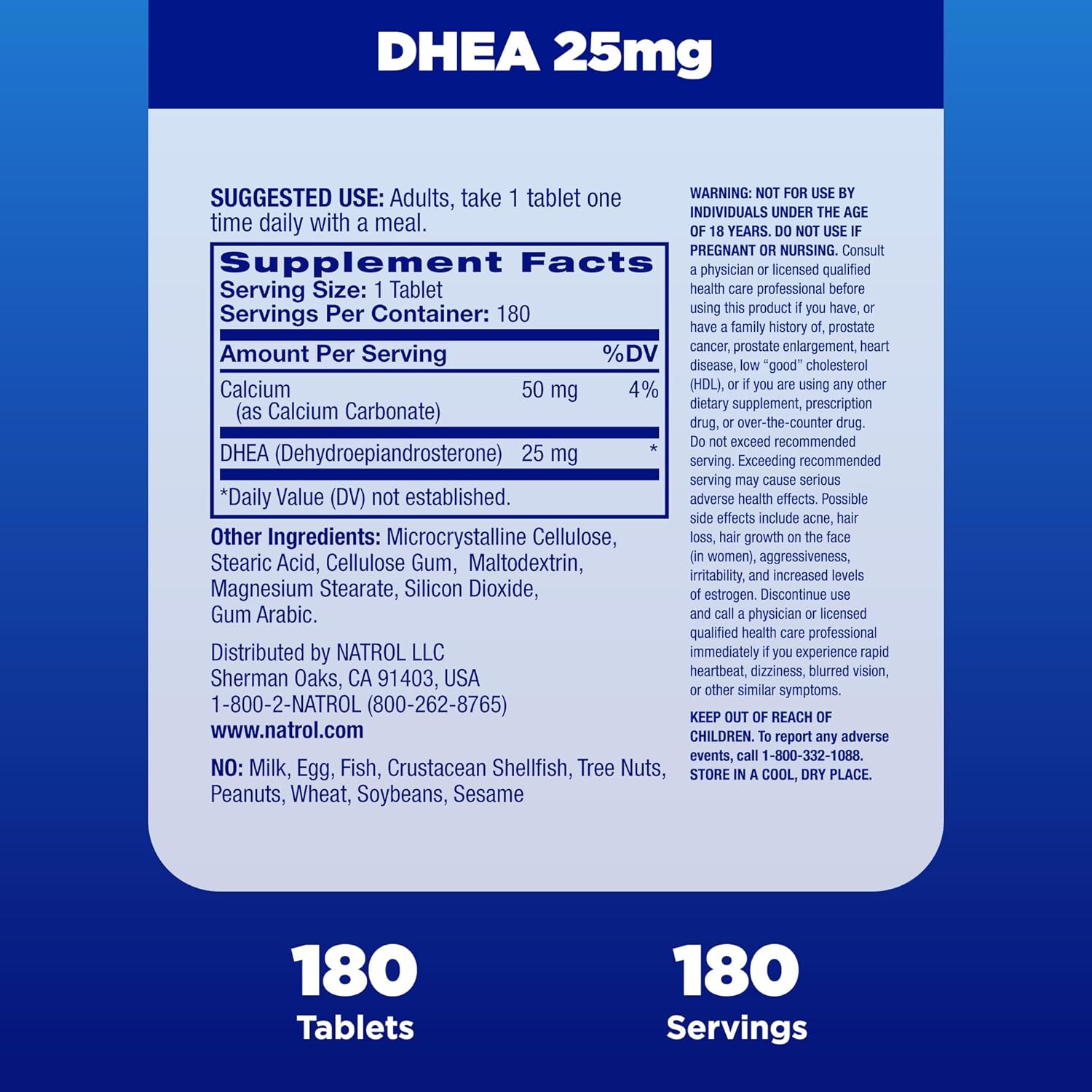 Natrol Mood & Stress DHEA 25mg with Calcium, 180 Tablets - Hormone Balance & Mood Support, 12-Pack, 180 Day Supply