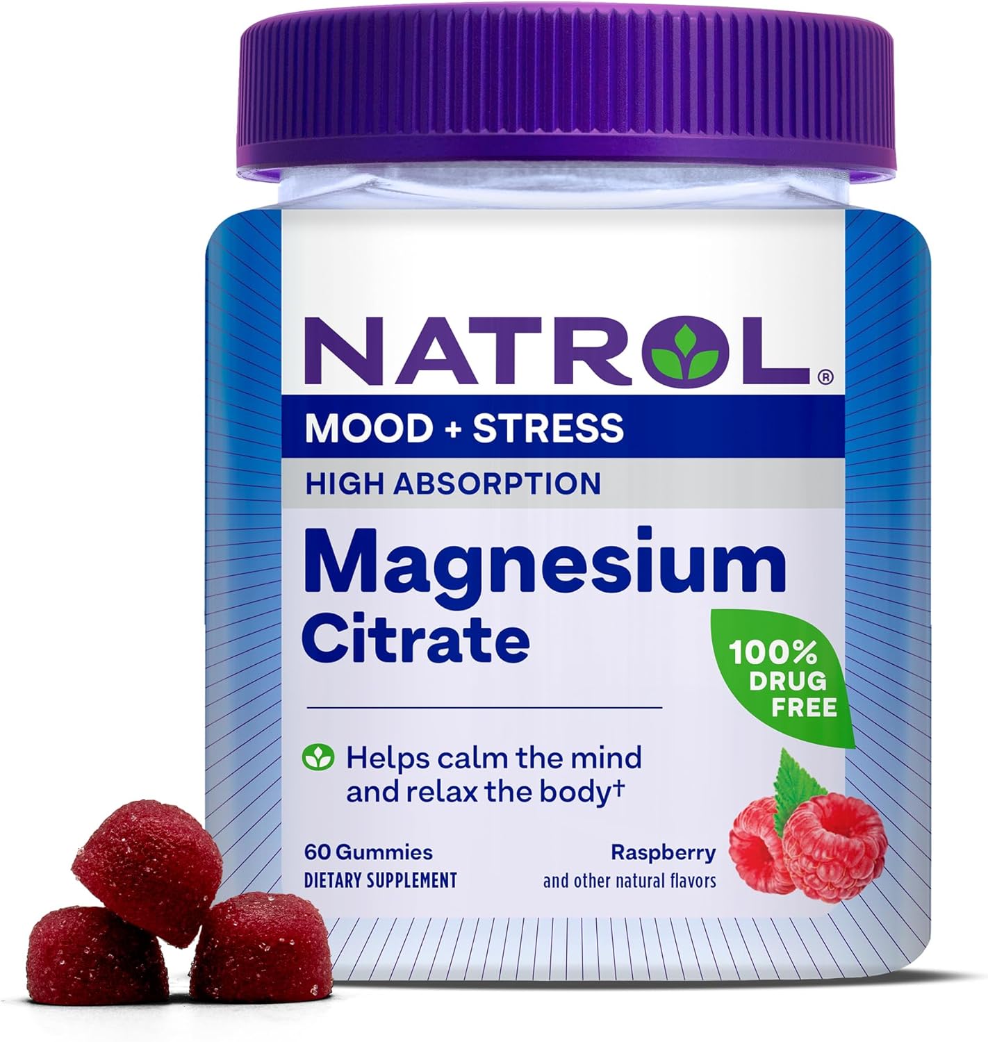 Natrol Mood + Stress Magnesium Citrate Gummies - 330mg, 60 Count - Raspberry Flavor - Mood & Stress Support - 15-Day Supply