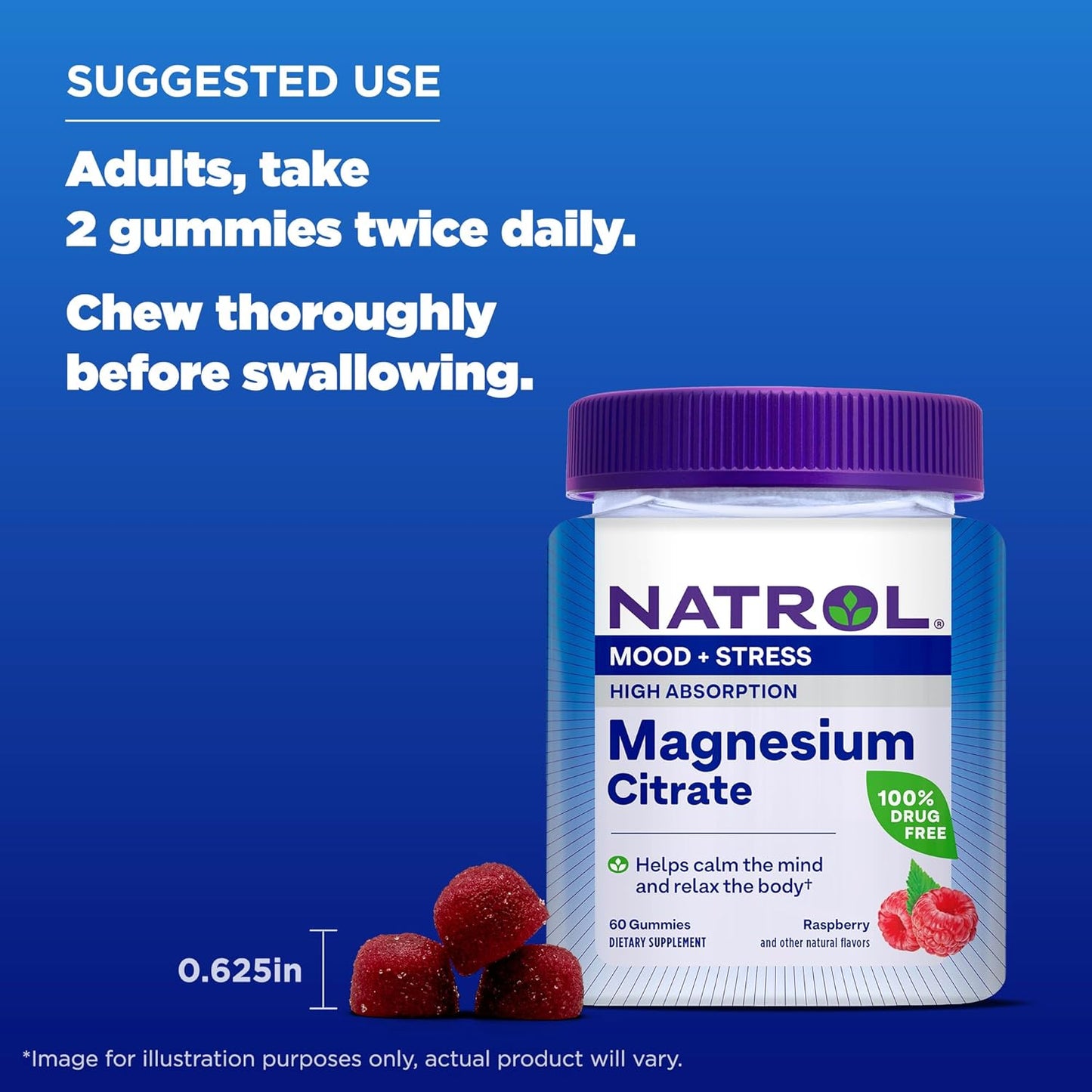 Natrol Mood + Stress Magnesium Citrate Gummies - 330mg, 60 Count - Raspberry Flavor - Mood & Stress Support - 15-Day Supply