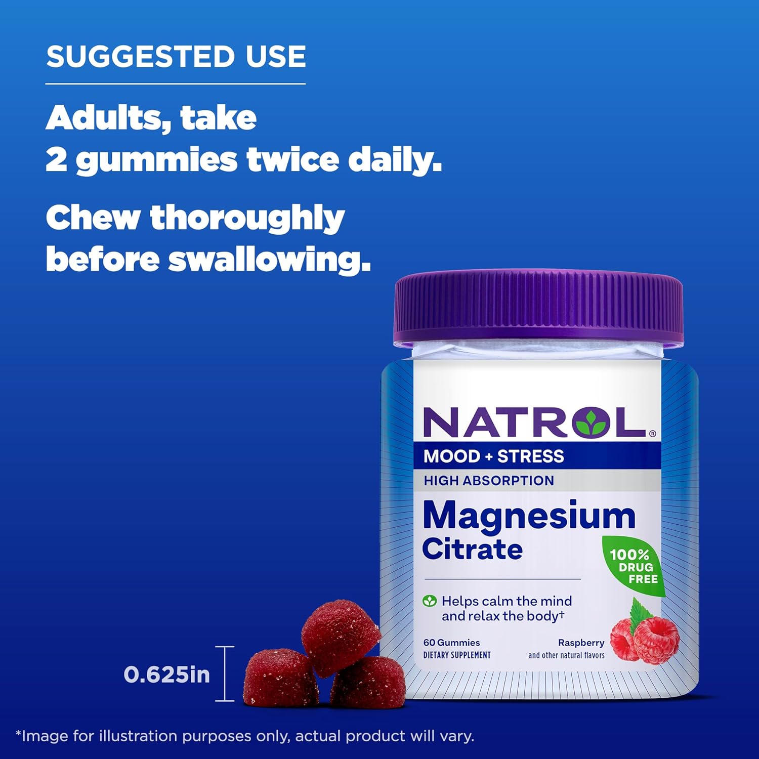 Natrol Mood + Stress Magnesium Citrate Gummies - 330mg, 60 Count - Raspberry Flavor - Mood & Stress Support - 15-Day Supply