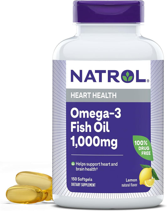 Natrol Omega-3 Fish Oil 1000mg, 150 Softgels - High Potency Essential Fatty Acids Supplement for Heart Health and Brain Function