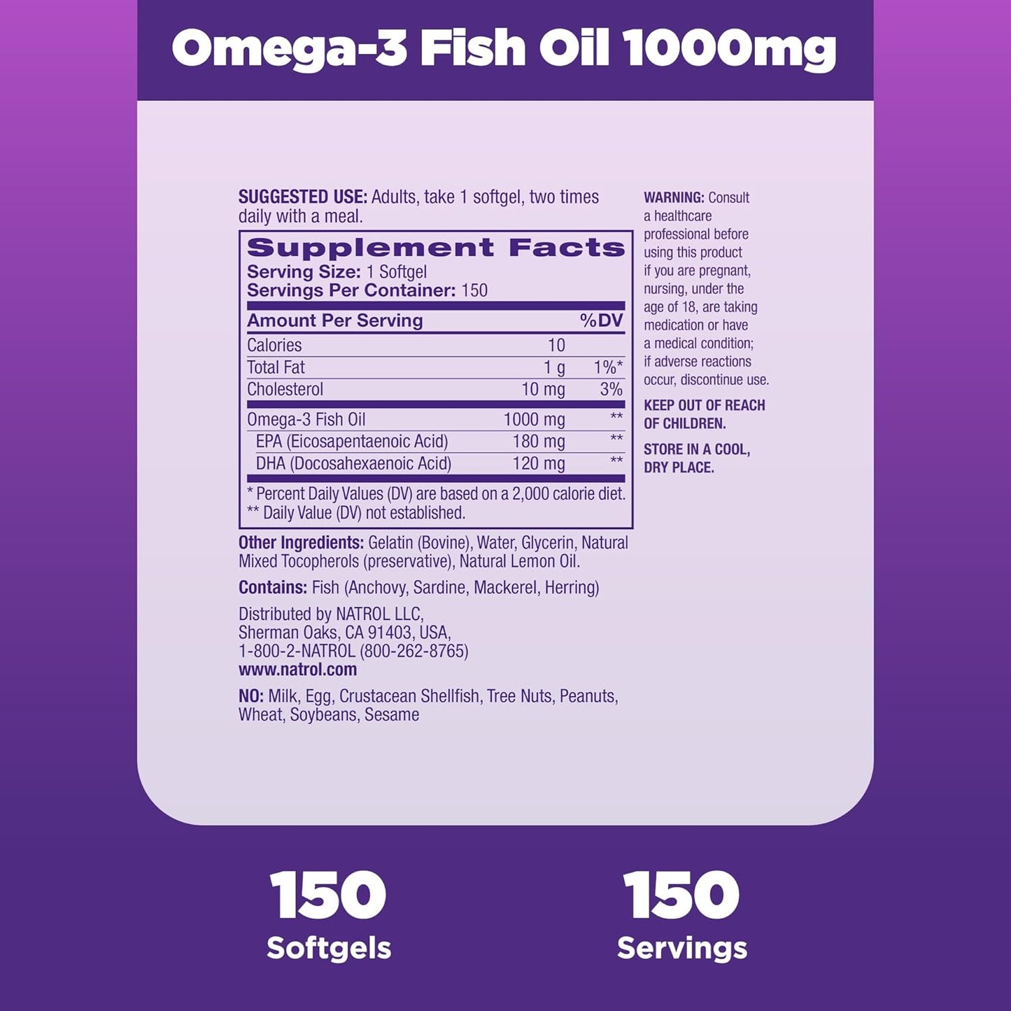 Natrol Omega-3 Fish Oil 1000mg, 150 Softgels - High Potency Essential Fatty Acids Supplement for Heart Health and Brain Function