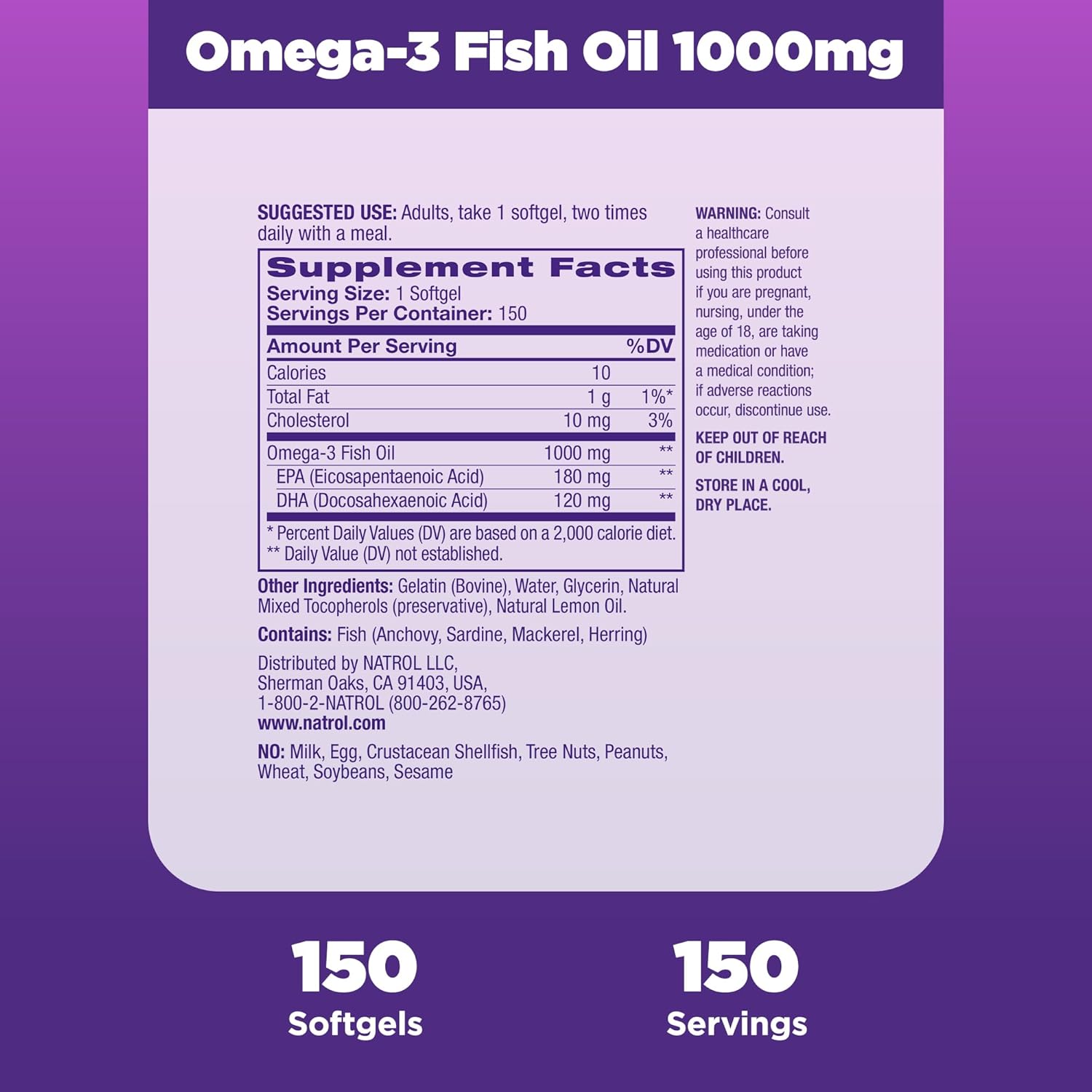 Natrol Omega-3 Fish Oil 1000mg, 150 Softgels - High Potency Essential Fatty Acids Supplement for Heart Health and Brain Function