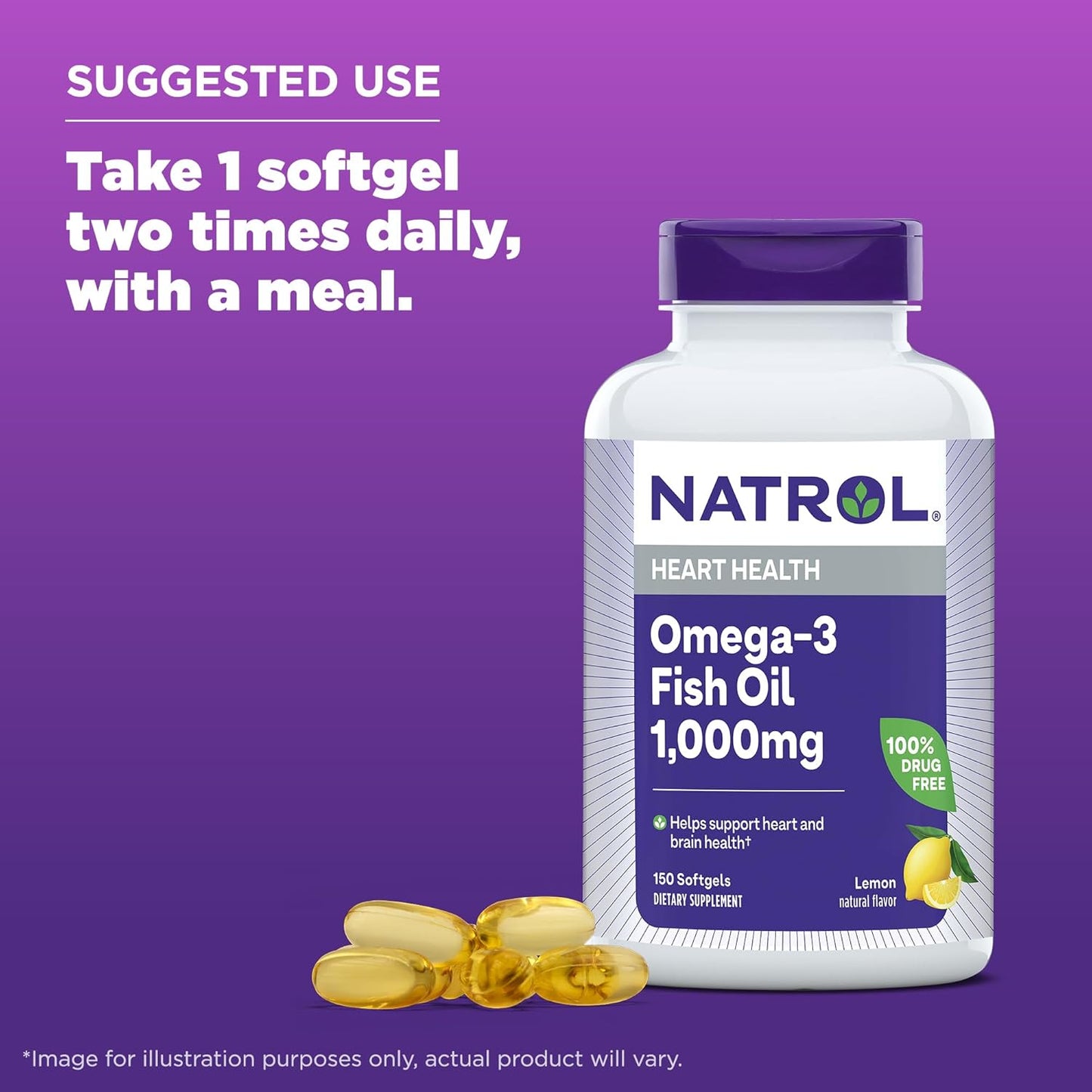 Natrol Omega-3 Fish Oil 1000mg, 150 Softgels - High Potency Essential Fatty Acids Supplement for Heart Health and Brain Function