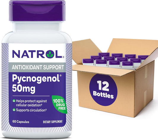 Natrol Pycnogenol Capsules - 50mg Antioxidant Protection from European Maritime Pine Bark Extract - 60 Count x 12 - Supports Circulation & Cellular Health
